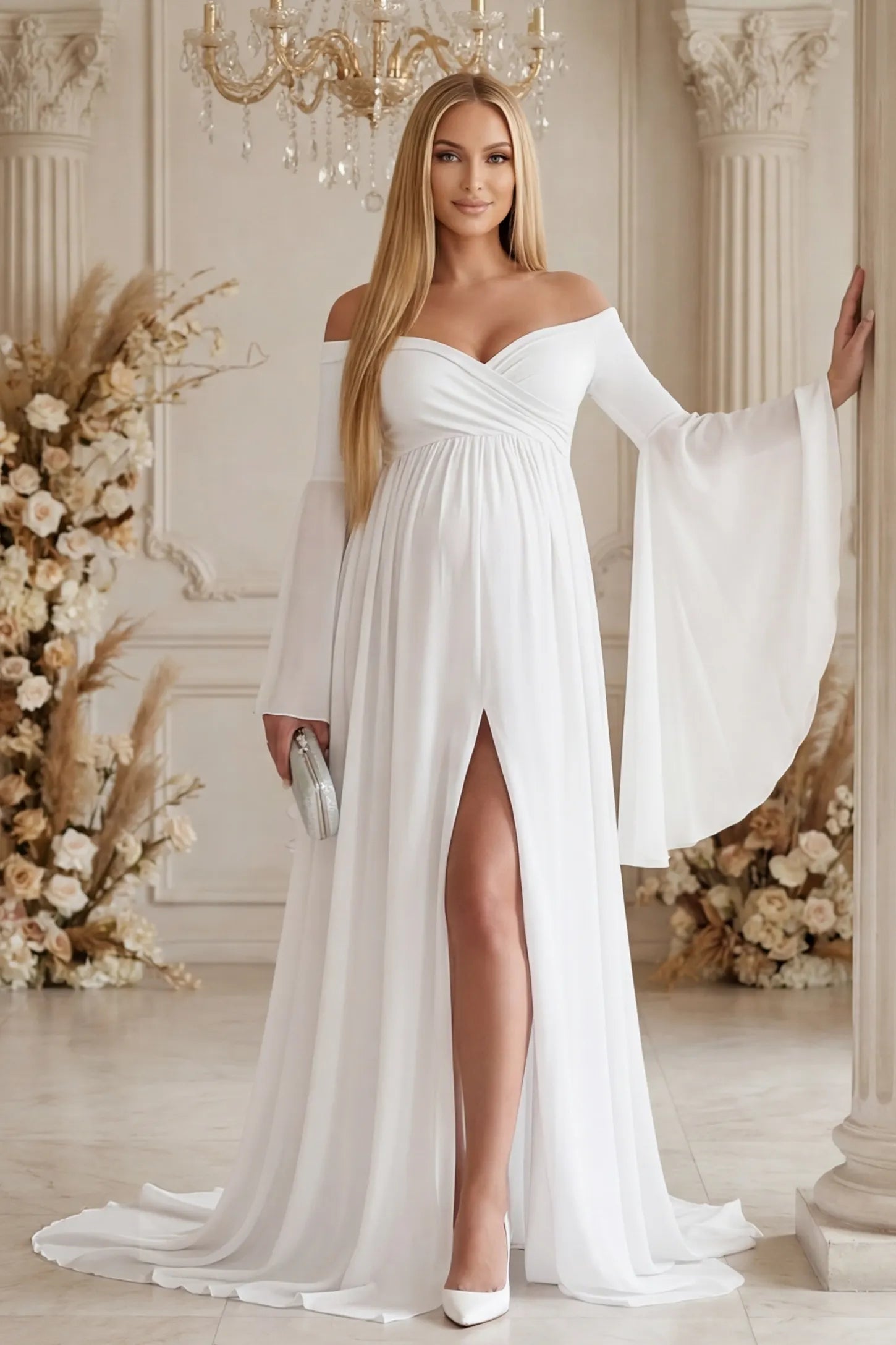 Off-the-shoulder long train maxi maternity dress in white featuring off-shoulder and long-train in full body front view on a editorial lifestyle model