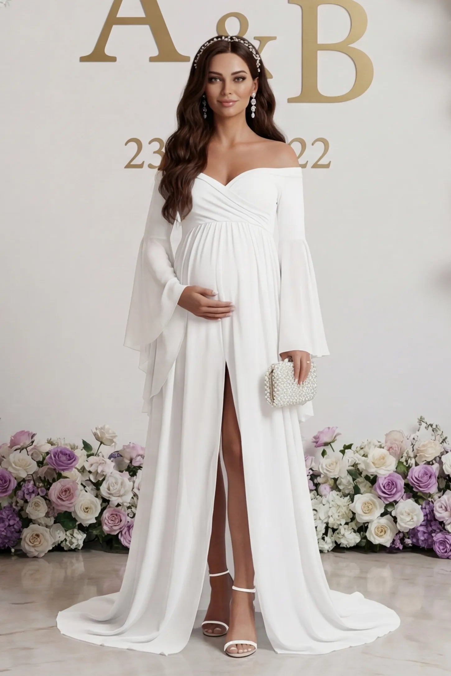 Off-the-Shoulder Long Train Maxi Maternity Dress Off-the-shoulder long train maxi maternity dress in white featuring long bell sleeves in front view on a UGC model