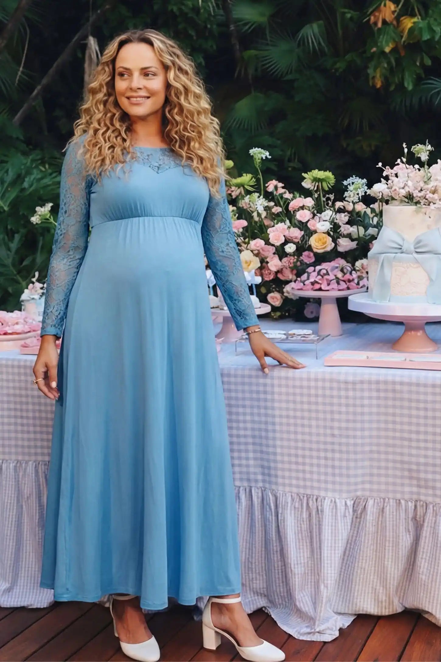 Acrylic Lace Long Sleeve Floor-Length Maternity Dress in Light Blue featuring a round neck on a front-facing pregnant model.