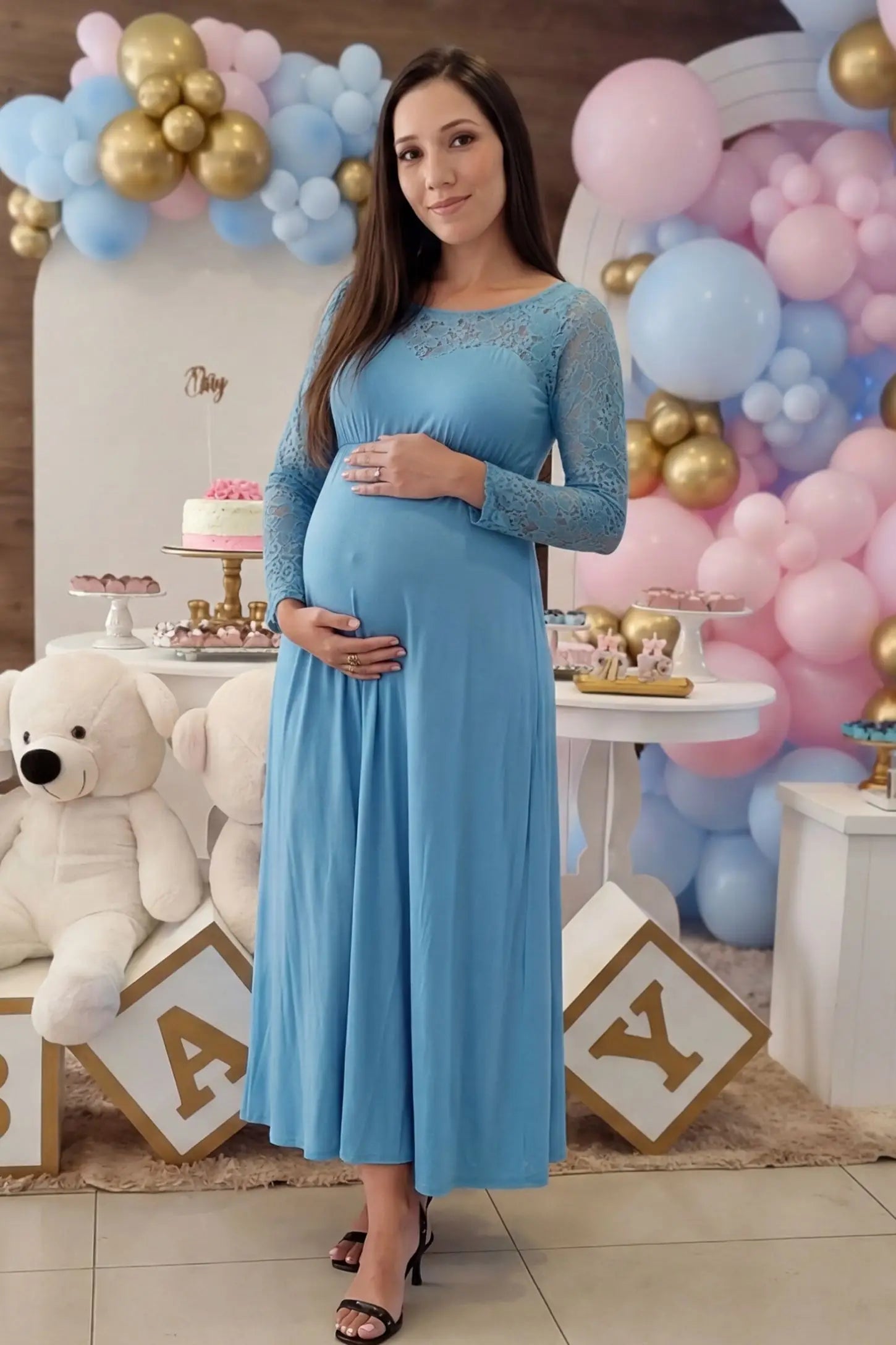 Acrylic Lace Long Sleeve Floor-Length Maternity Dress Acrylic Lace Long Sleeve Floor-Length Maternity Dress in Light Blue featuring a round neck on a side-facing pregnant model.