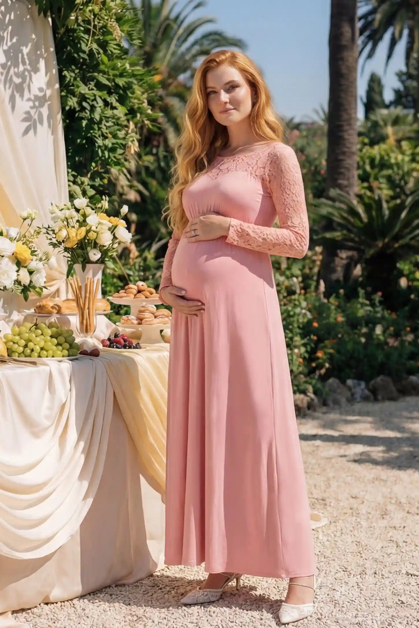 Acrylic Lace Long Sleeve Floor-Length Maternity Dress Acrylic Lace Long Sleeve Floor-Length Maternity Dress in Pink featuring a round neck on a pregnant model.