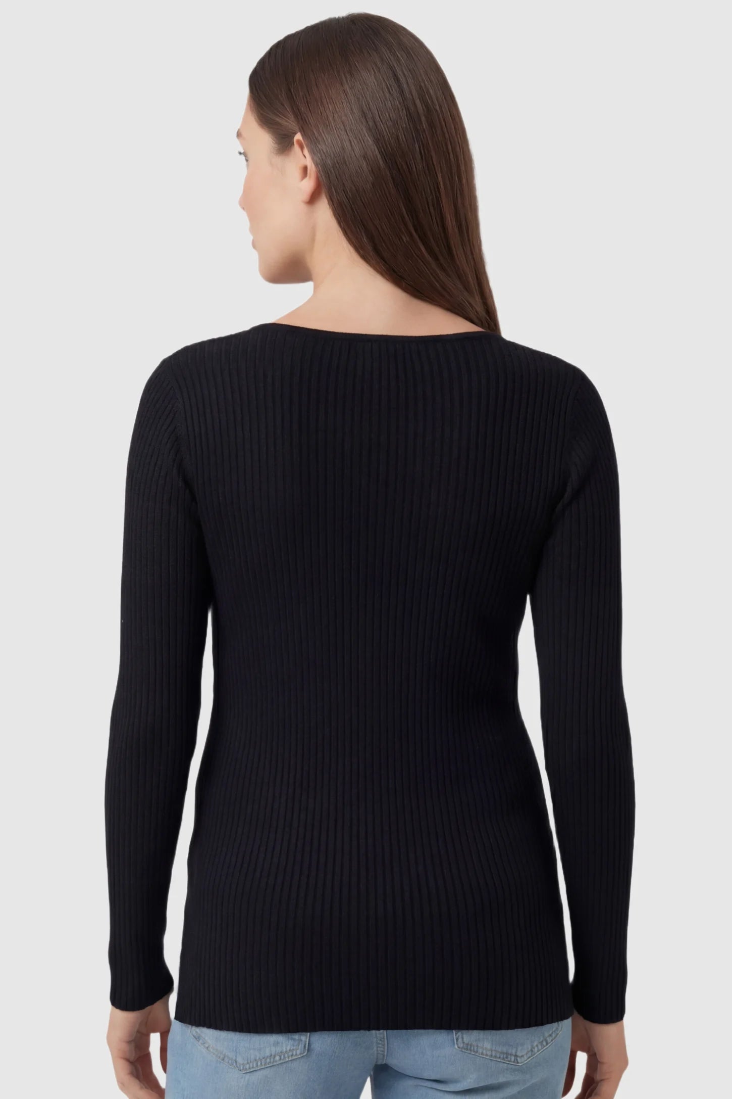 Ribbed V-Neck Longline Maternity Top Ribbed V-Neck Longline Maternity Top in Black featuring a relaxed longline tunic silhouette on model.