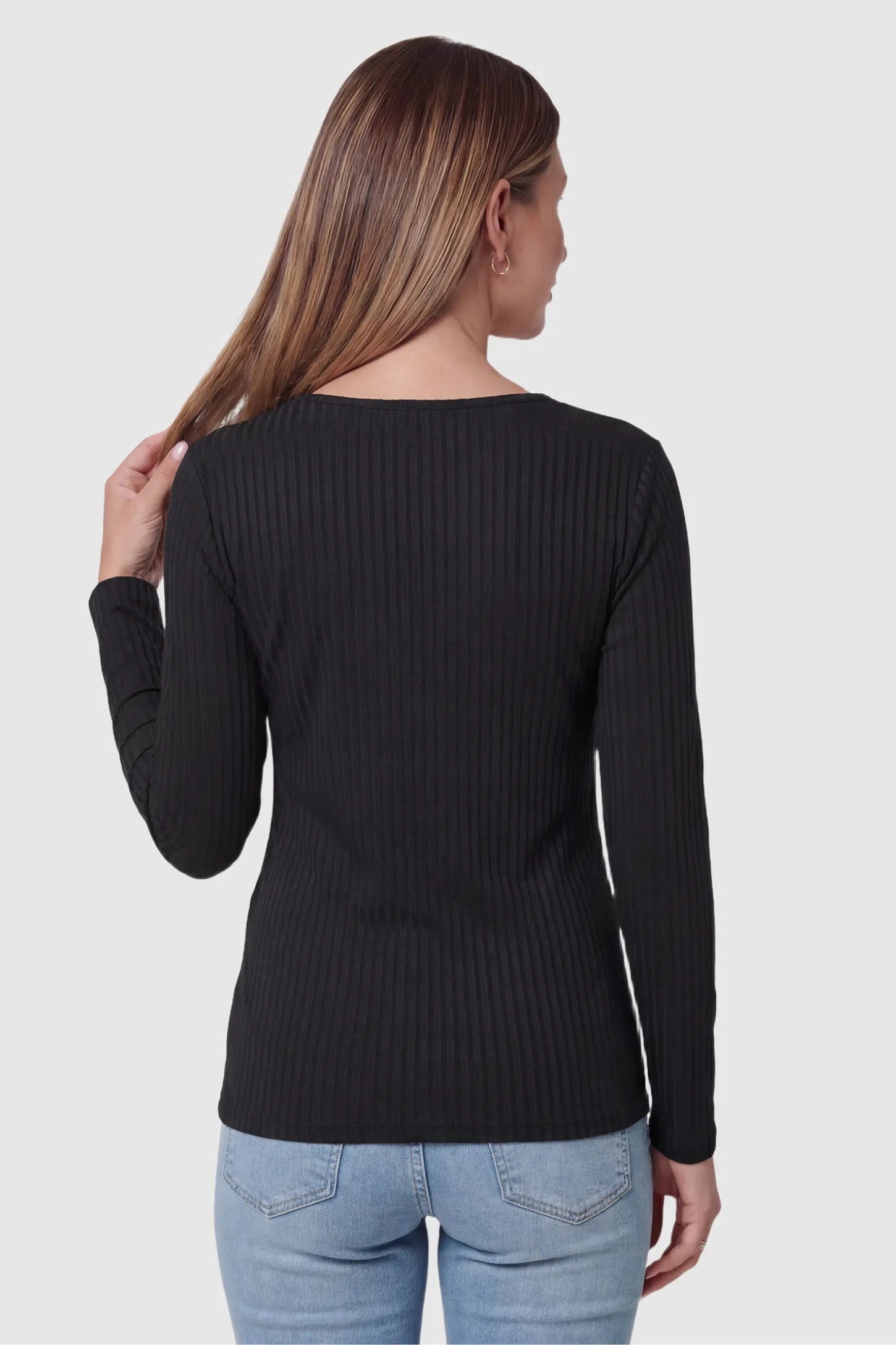 Ribbed V-Neck Longline Maternity Top Ribbed V-Neck Longline Maternity Top in Black featuring a relaxed longline tunic silhouette on pregnant model, back view.