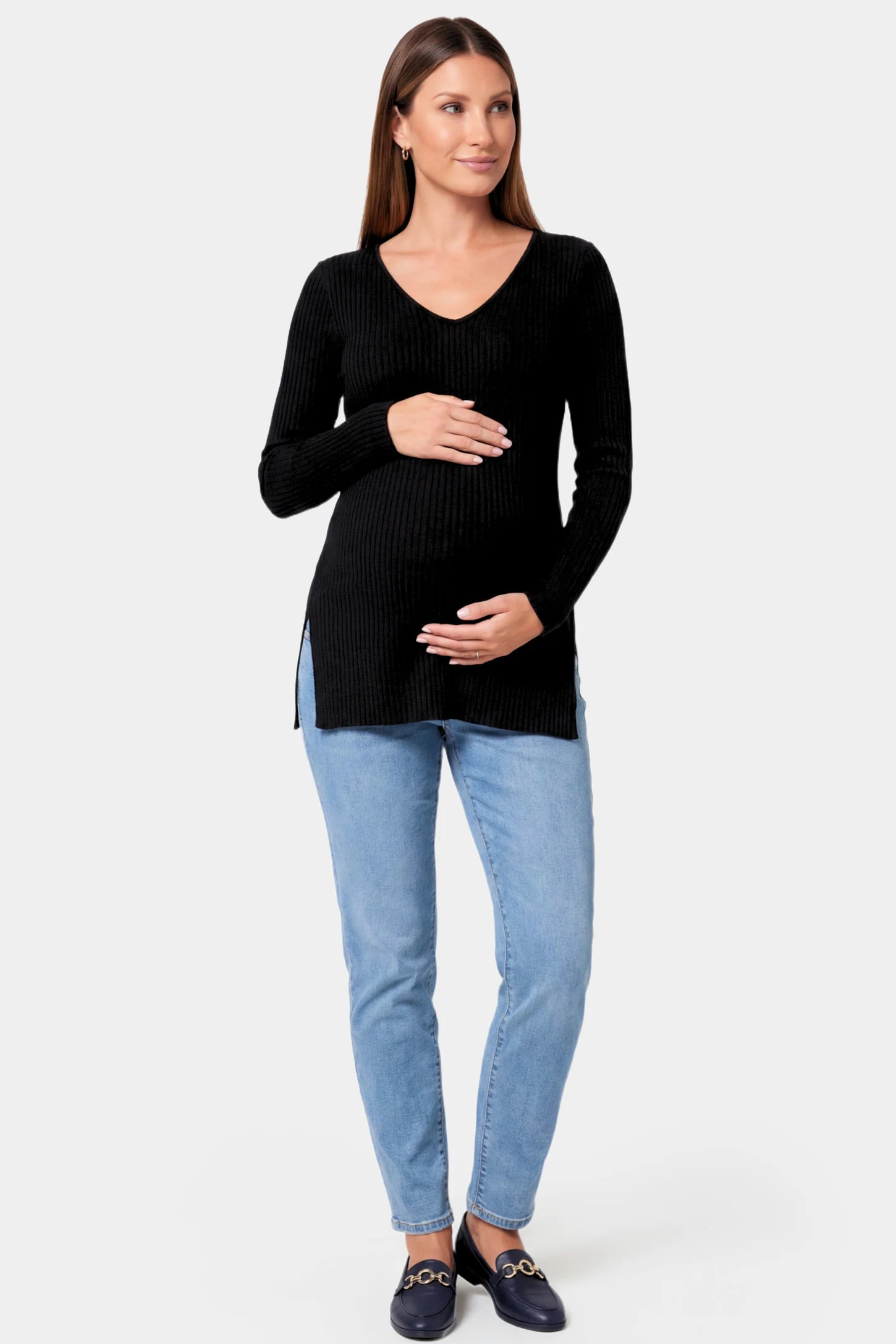Ribbed V-Neck Longline Maternity Top Ribbed V-Neck Longline Maternity Top in Black featuring a relaxed longline tunic silhouette on model.