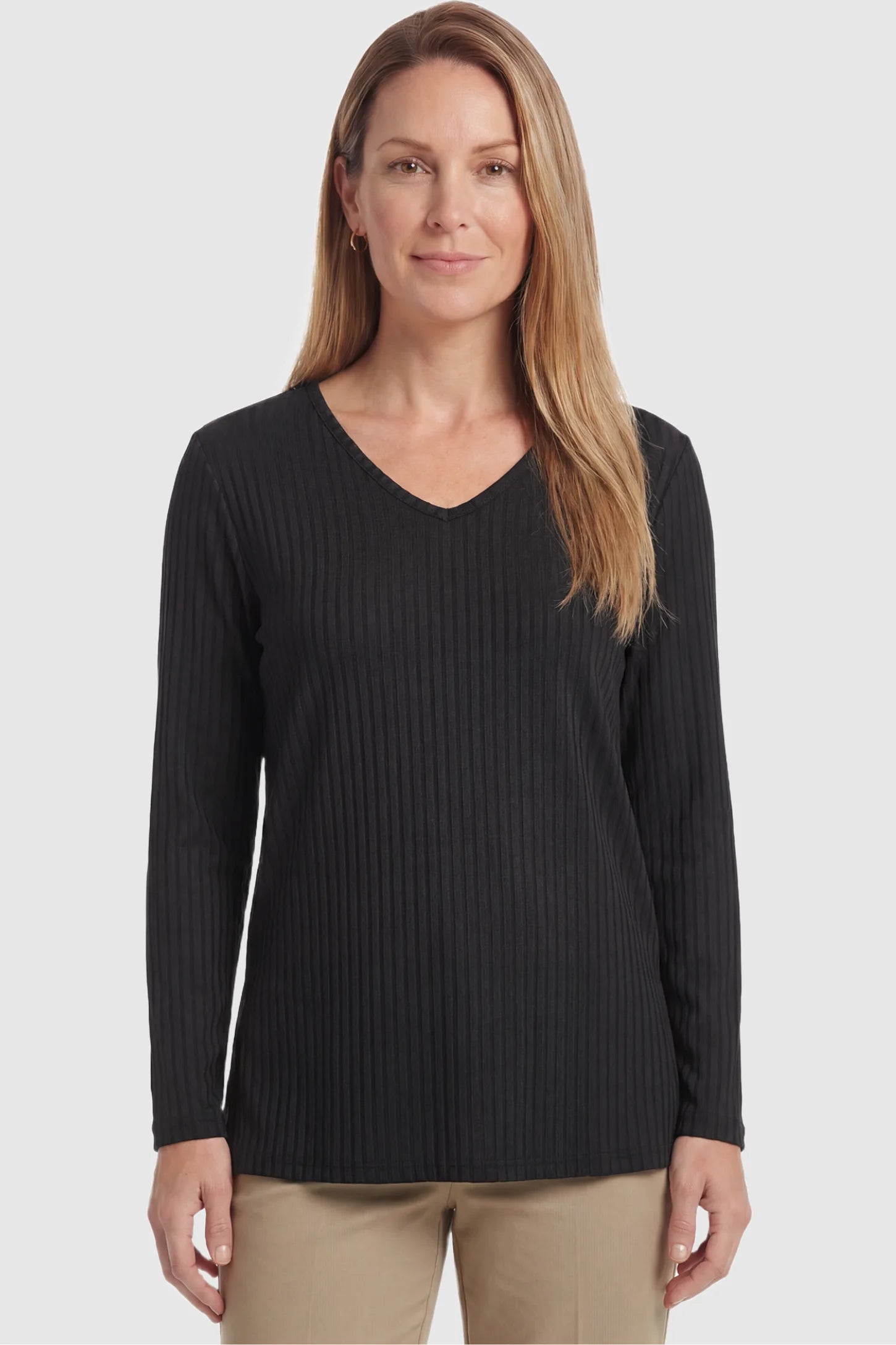 Ribbed V-Neck Longline Maternity Top Ribbed V-Neck Longline Maternity Top in Black featuring a relaxed longline tunic silhouette on non  pregnant model.