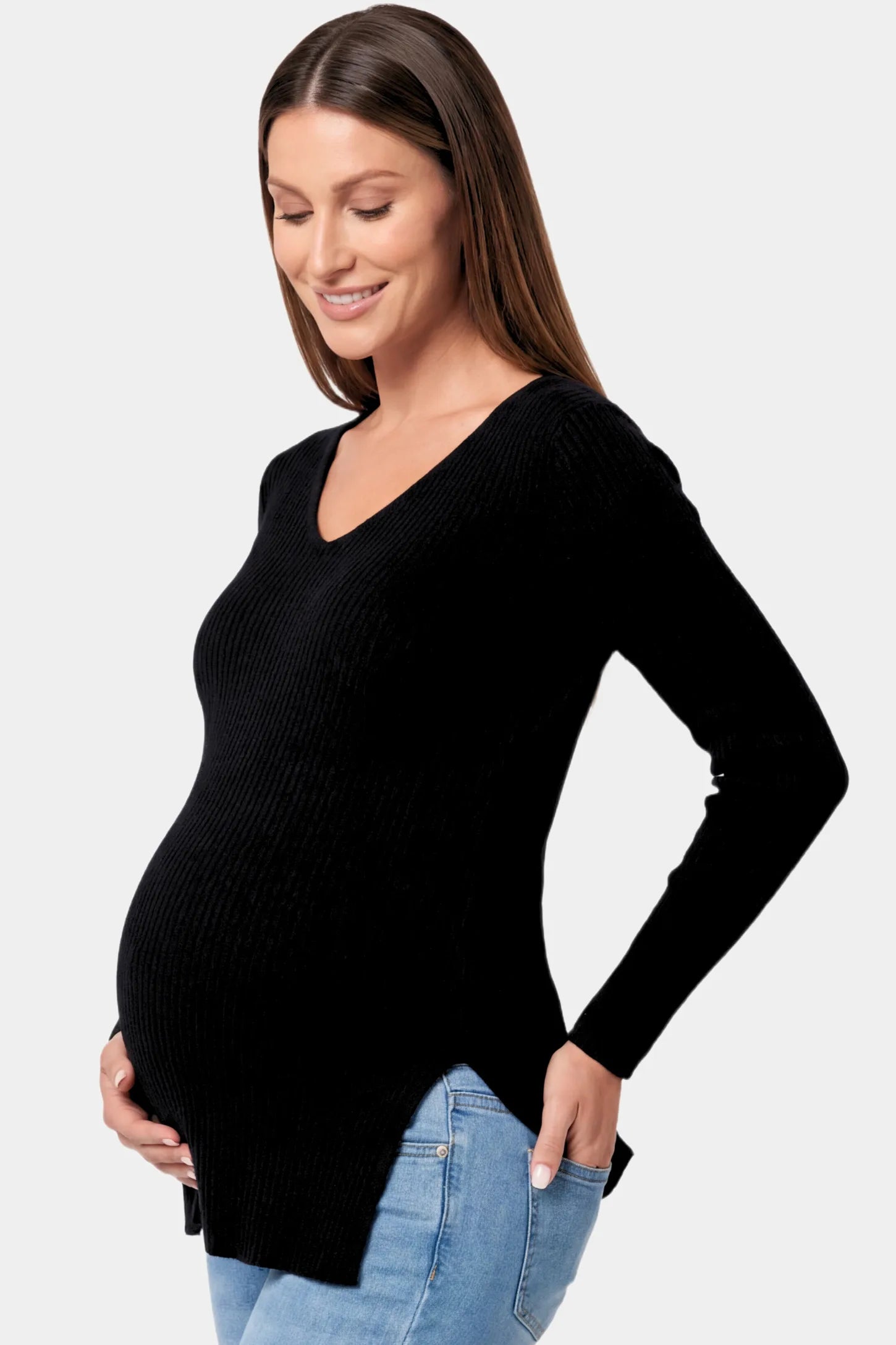 Ribbed V-Neck Longline Maternity Top in Black featuring a relaxed longline tunic silhouette on model.