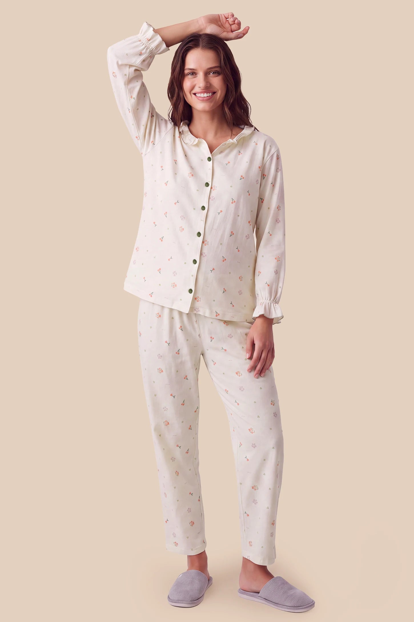 Luxury Cotton Air Knit Long Sleeve PJ Set in Cherry featuring a ruffle edge trim, lightweight seamless bra pads, wire-free support, adjustable waistband, and long pants with side pockets on a pregnant model, front view.