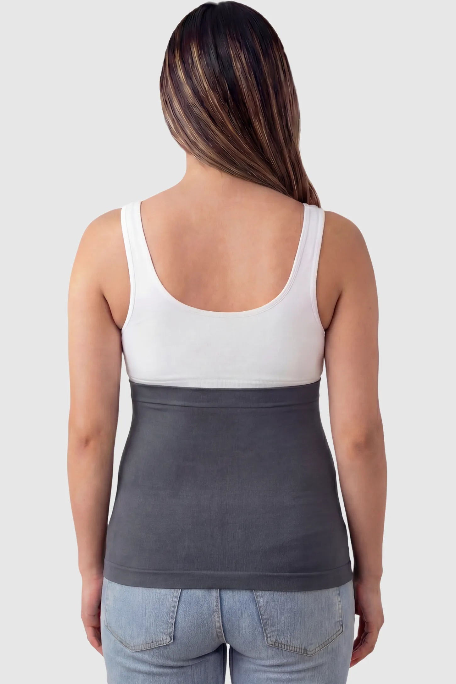 Seamless Support Maternity Belly Band Seamless Support Maternity Belly Band in dark gray featuring wide high-rise fit and seamless tubular design on pregnant model.