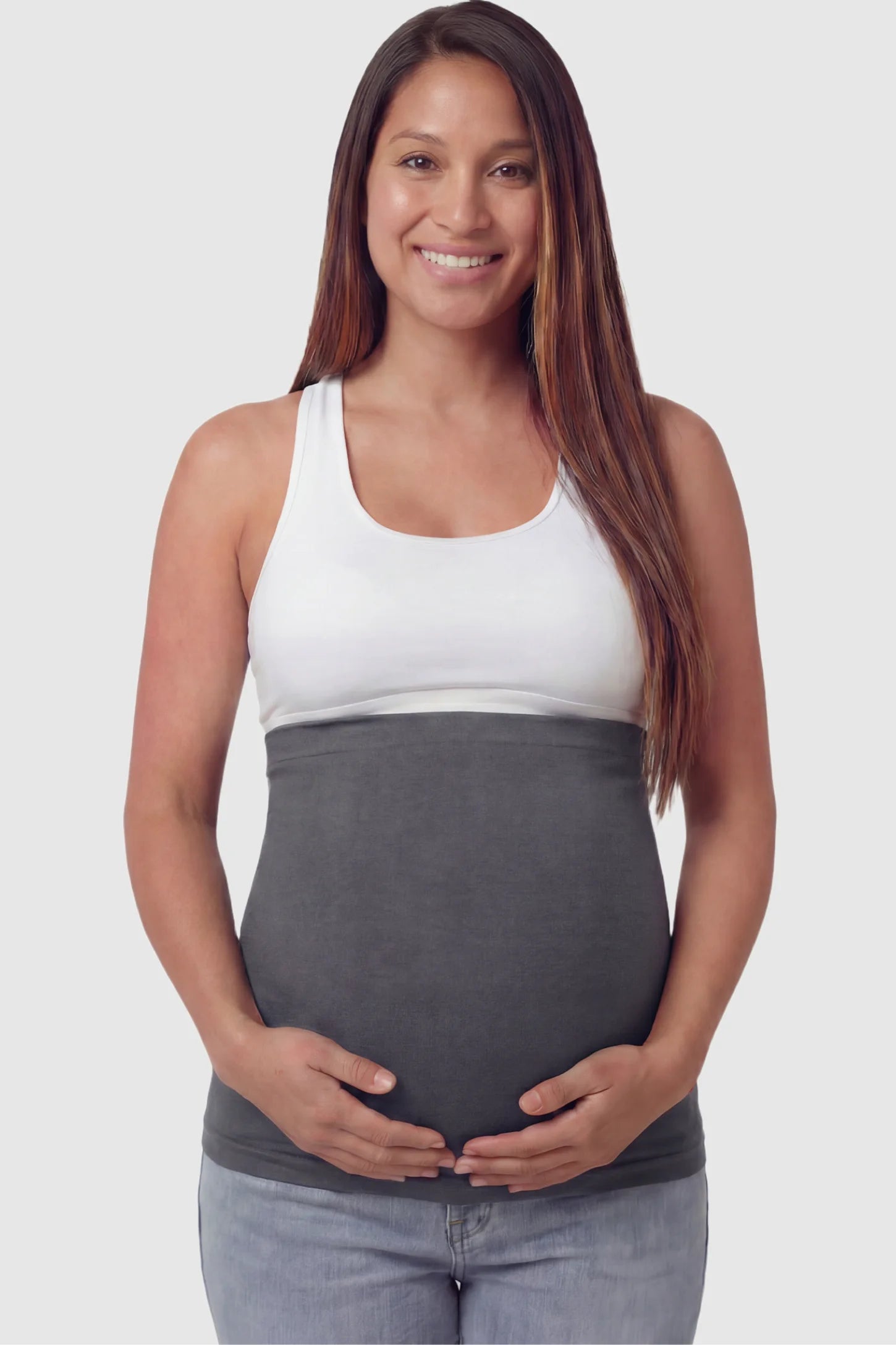 Seamless Support Maternity Belly Band Seamless Support Maternity Belly Band in dark gray featuring wide high-rise fit and seamless tubular design on pregnant model.