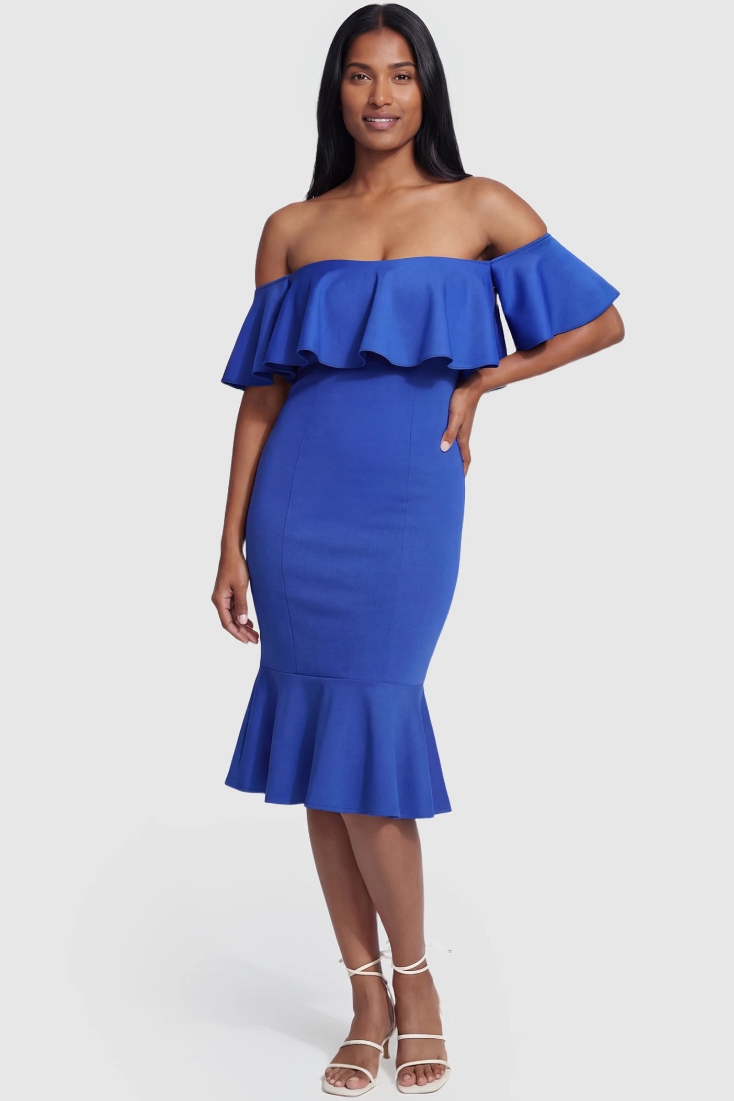 Ruffled Off-Shoulder Mermaid Hem Midi Maternity Dress Ruffled off-shoulder mermaid hem midi maternity dress in dark blue featuring flattering sculpted silhouette in full body view on a postpartum model