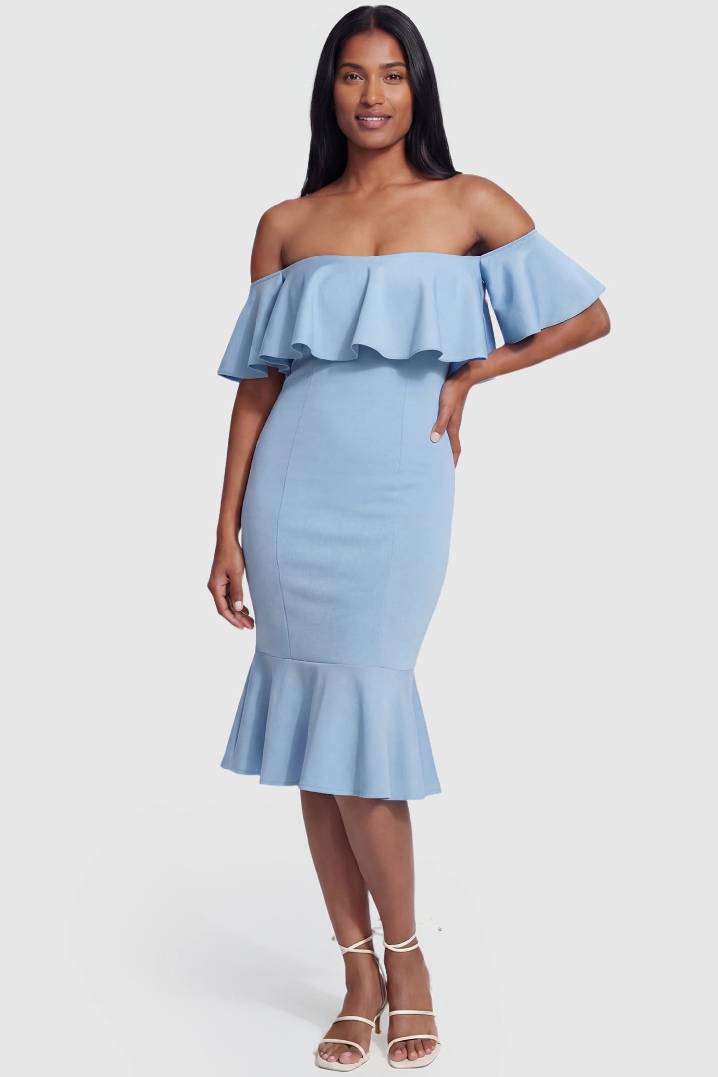 Ruffled Off-Shoulder Mermaid Hem Midi Maternity Dress Ruffled off-shoulder mermaid hem midi maternity dress in light blue featuring flattering sculpted silhouette in full body view on a postpartum model