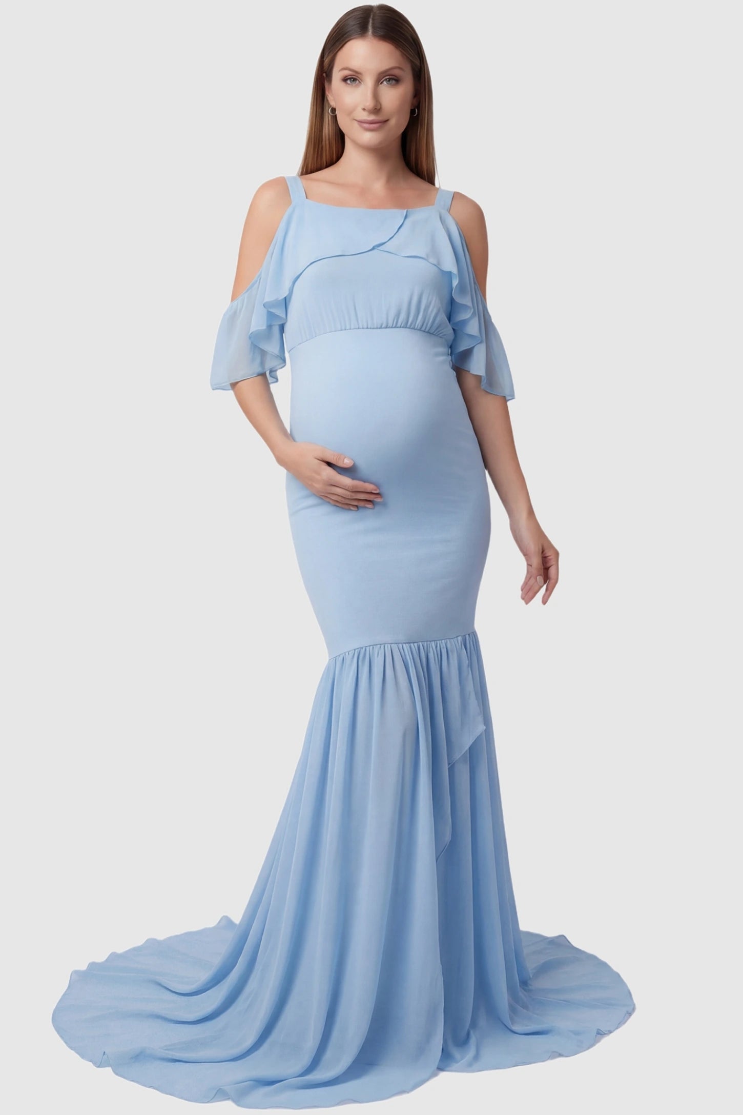 Off-shoulder flutter sleeve mermaid trailing maxi maternity dress in light blue featuring romantic off-shoulder neckline in front view on a pregnant model