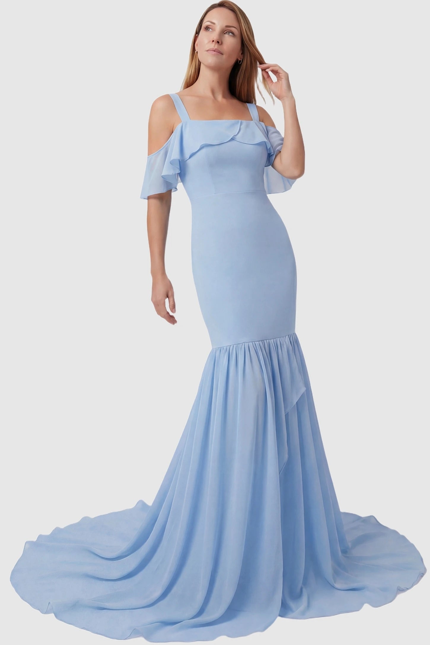 Off-Shoulder Flutter Sleeve Mermaid Trailing Maxi Maternity Dress Off-shoulder flutter sleeve mermaid trailing maxi maternity dress in light blue featuring romantic off-shoulder neckline in front view on a postpartum model