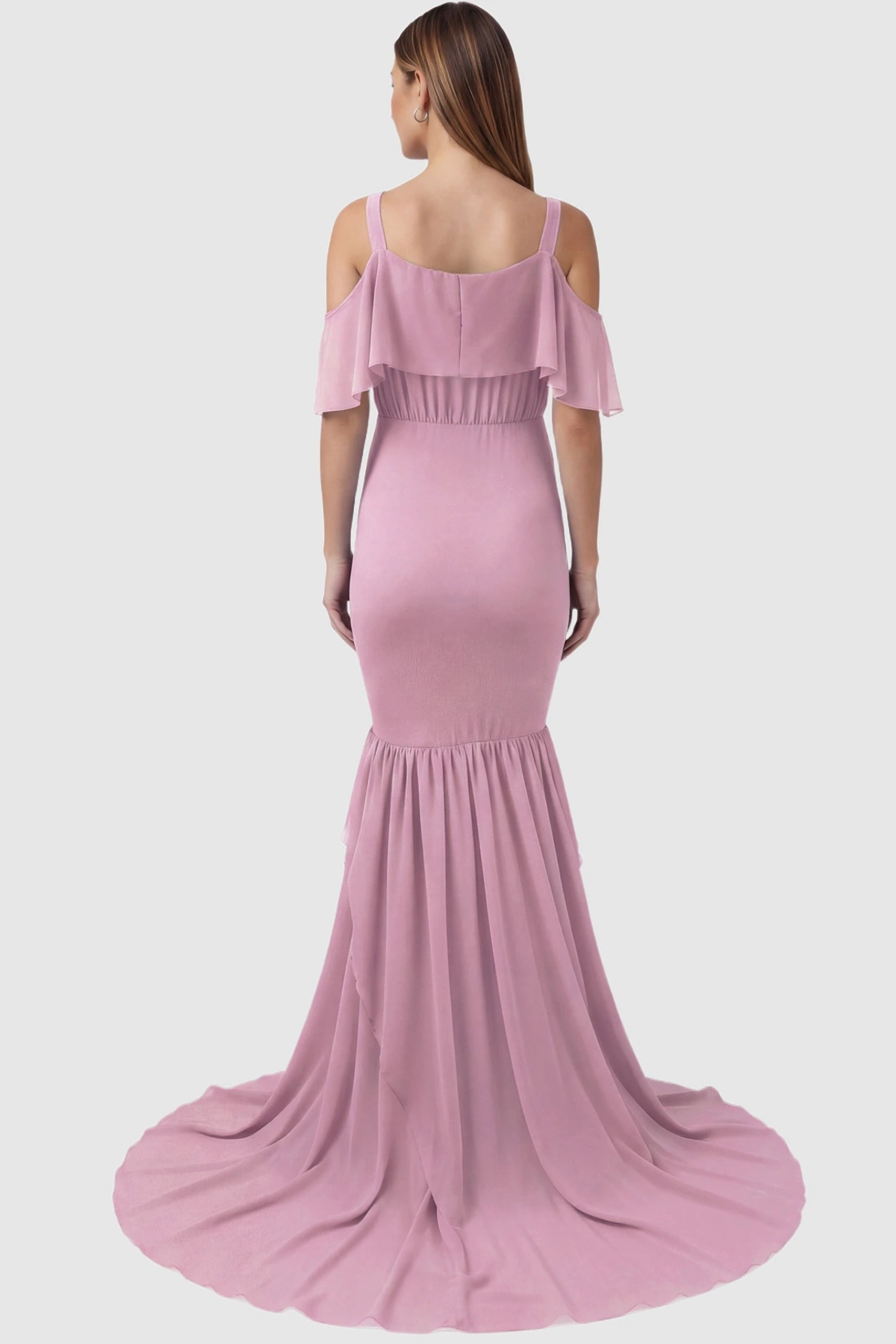 Off-Shoulder Flutter Sleeve Mermaid Trailing Maxi Maternity Dress Off-shoulder flutter sleeve mermaid trailing maxi maternity dress in pink featuring elegant trailing hem in back view on a pregnant model