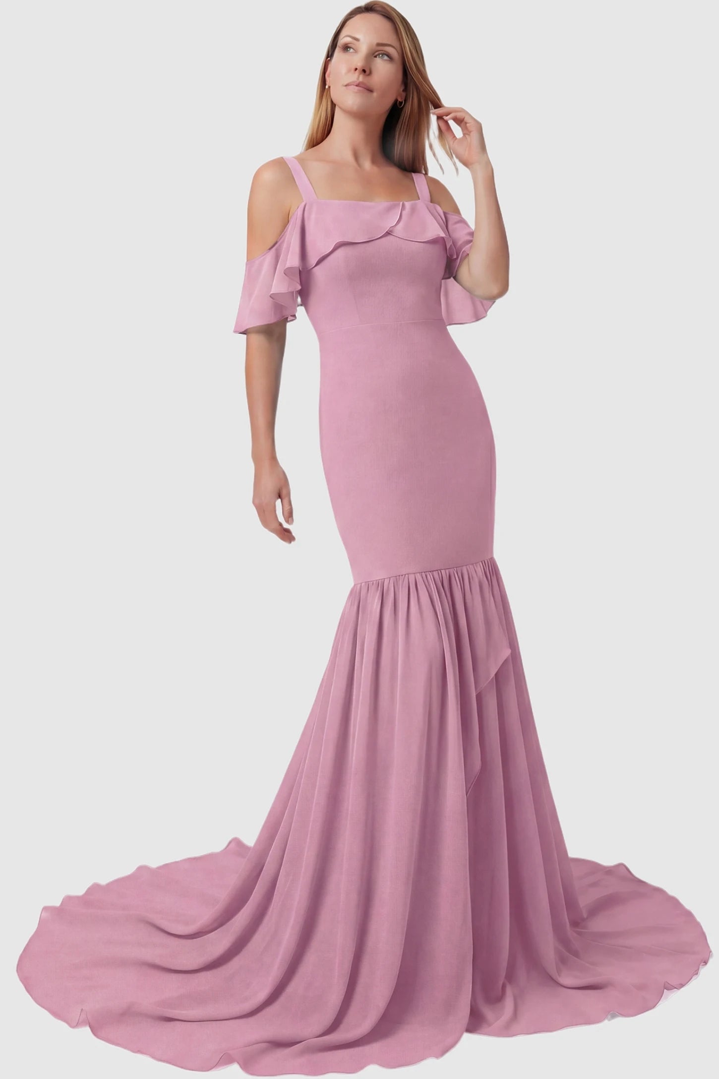 Off-Shoulder Flutter Sleeve Mermaid Trailing Maxi Maternity Dress Off-shoulder flutter sleeve mermaid trailing maxi maternity dress in pink featuring romantic off-shoulder neckline in front view on a postpartum model