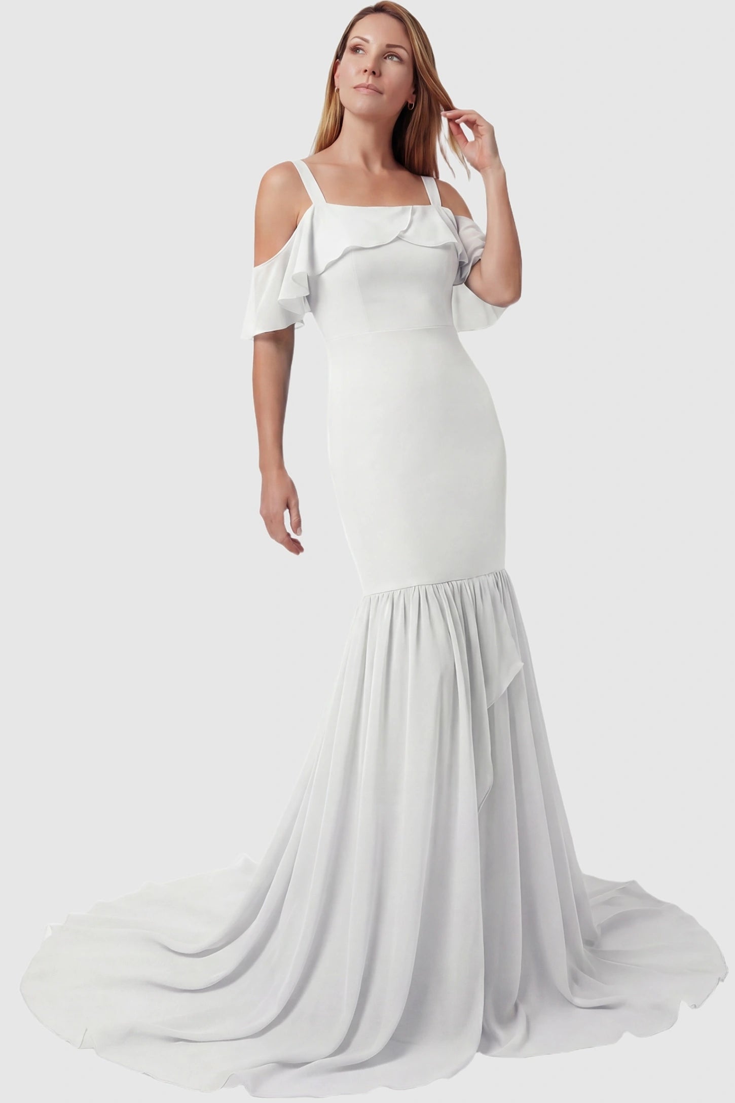 Off-Shoulder Flutter Sleeve Mermaid Trailing Maxi Maternity Dress Off-shoulder flutter sleeve mermaid trailing maxi maternity dress in white featuring romantic off-shoulder neckline in front view on a postpartum model
