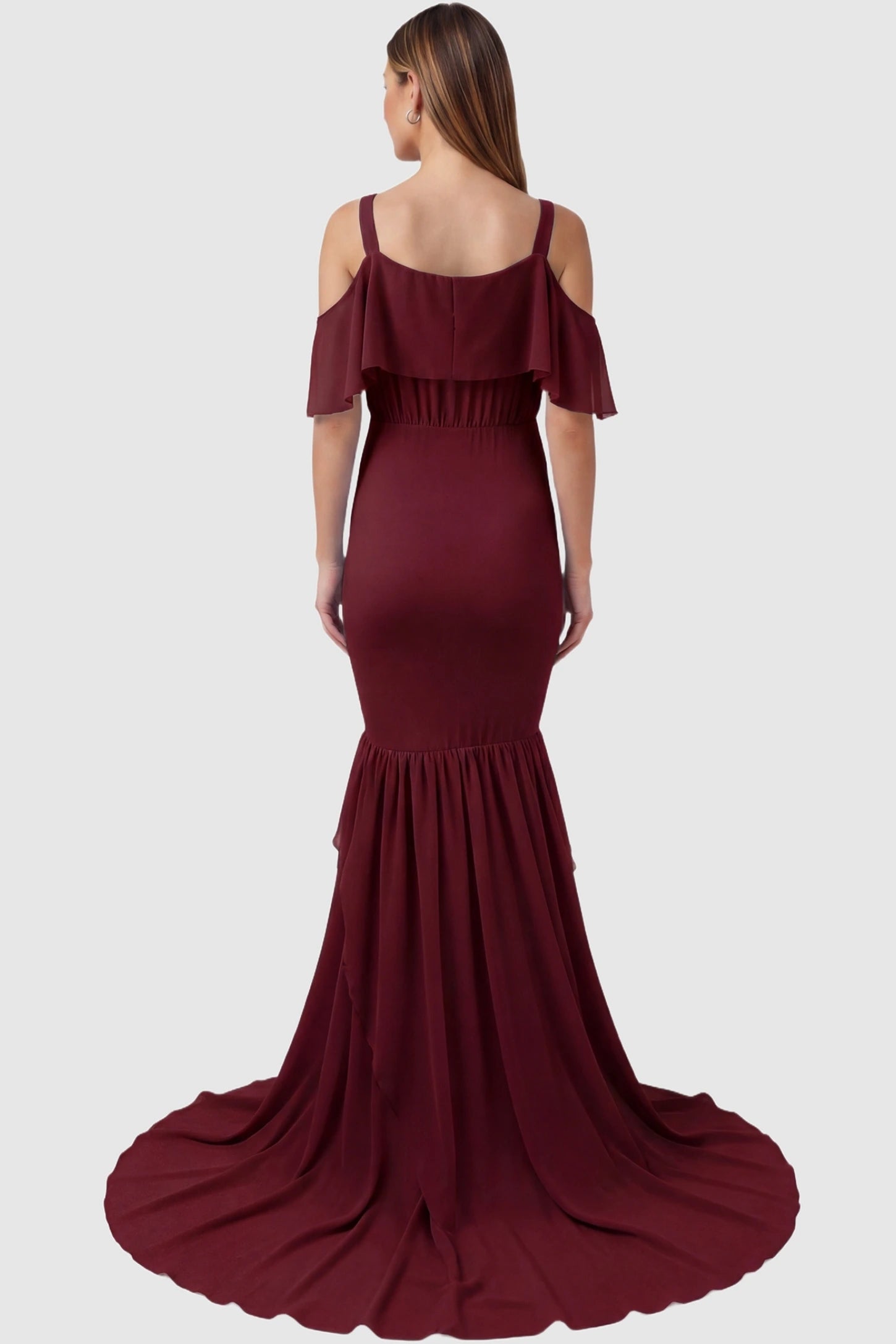 Off-Shoulder Flutter Sleeve Mermaid Trailing Maxi Maternity Dress Off-shoulder flutter sleeve mermaid trailing maxi maternity dress in wine red featuring elegant trailing hem in back view on a pregnant model