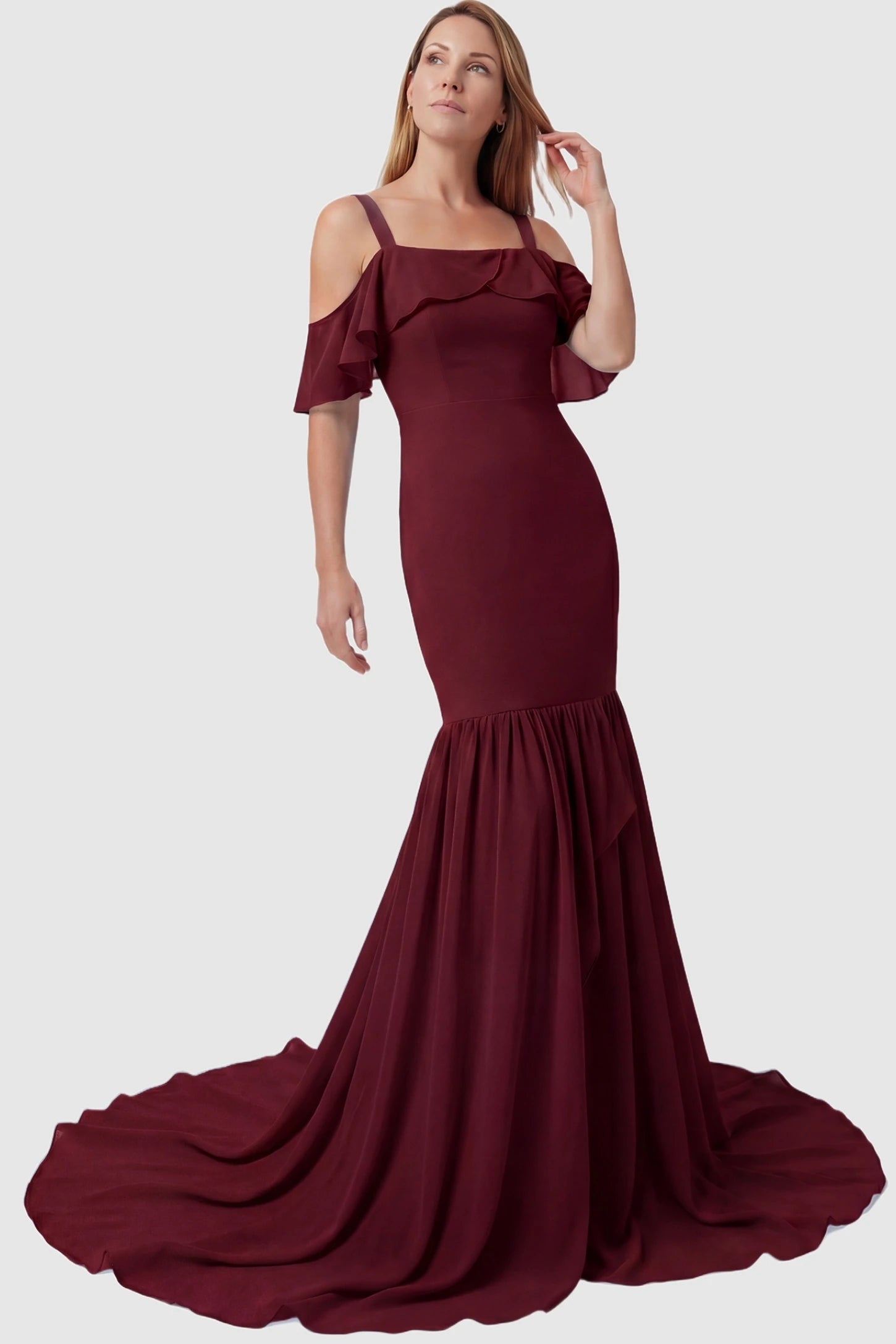 Off-Shoulder Flutter Sleeve Mermaid Trailing Maxi Maternity Dress Off-shoulder flutter sleeve mermaid trailing maxi maternity dress in wine red featuring romantic off-shoulder neckline in front view on a postpartum model