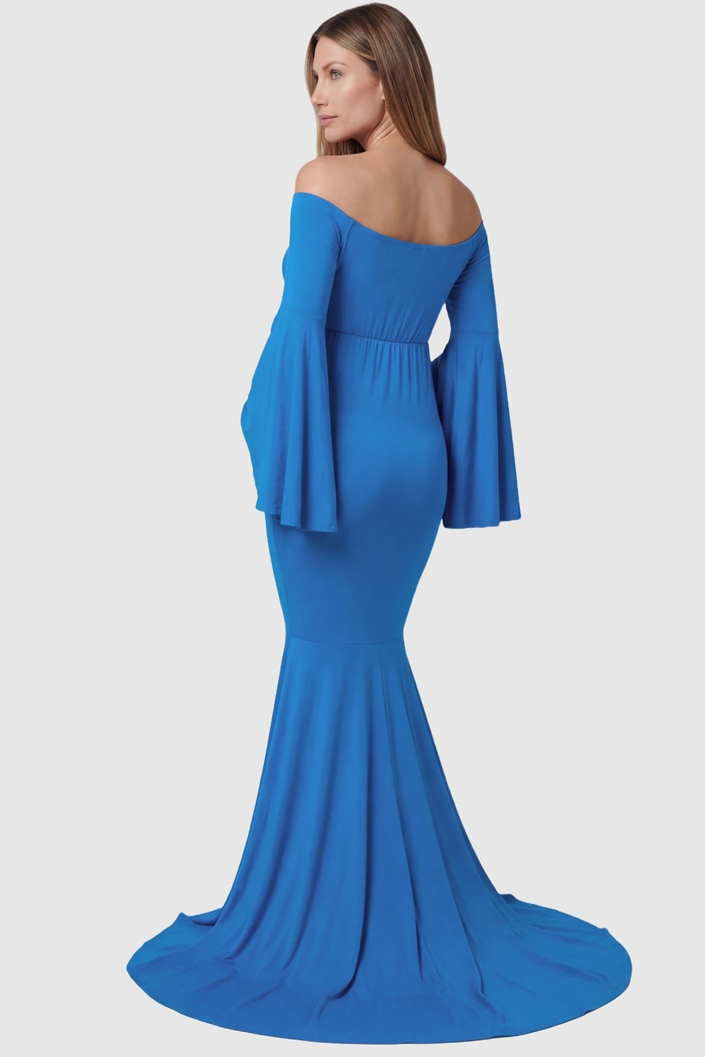 Mesh Flared Fishtail Maternity Gown Mesh Flared Fishtail Maternity Gown in Denim Blue featuring bell sleeves on a pregnant model back view.