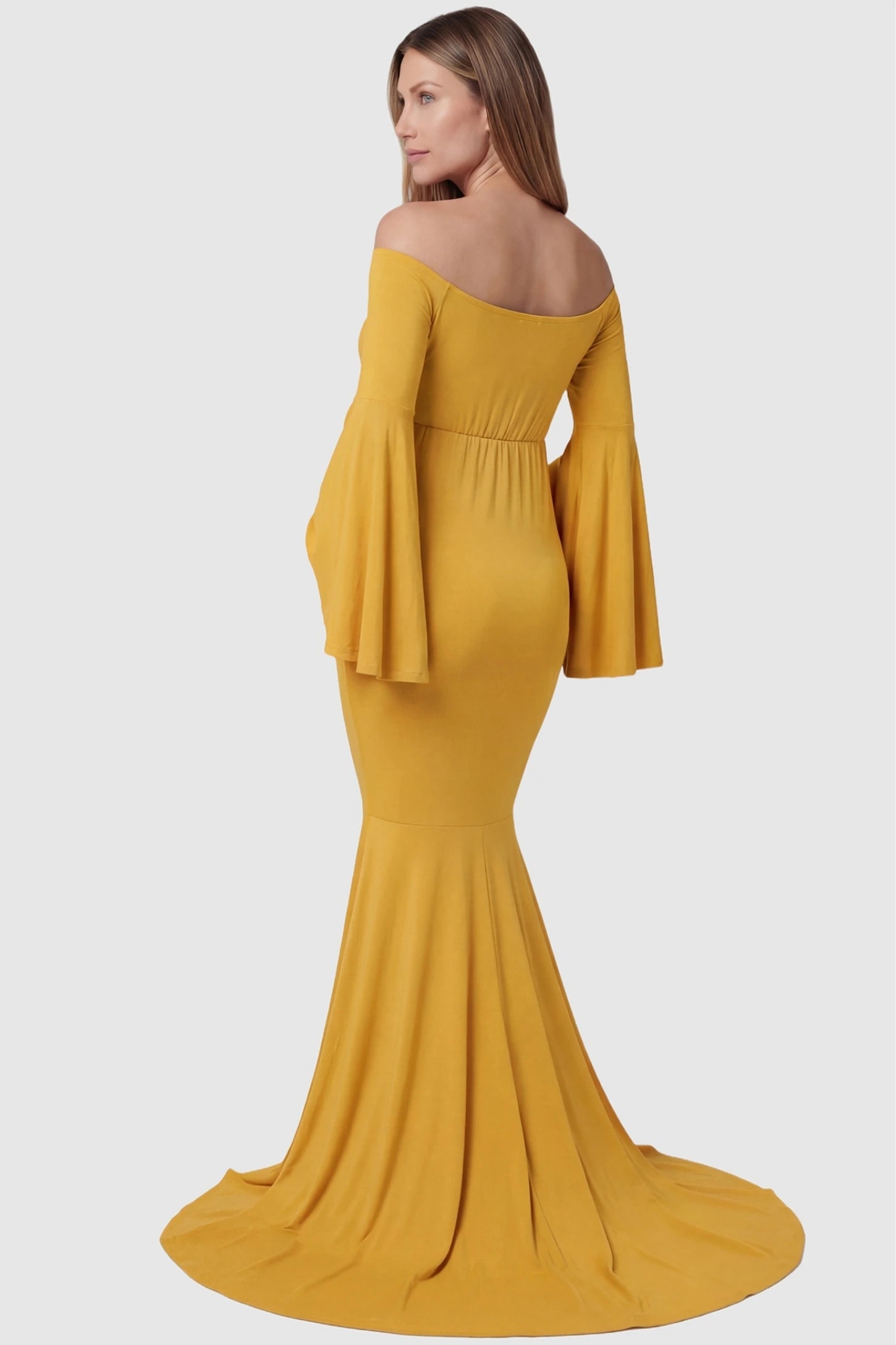Mesh Flared Fishtail Maternity Gown Mesh Flared Fishtail Maternity Gown in Golden Yellow featuring bell sleeves on a pregnant model back view.