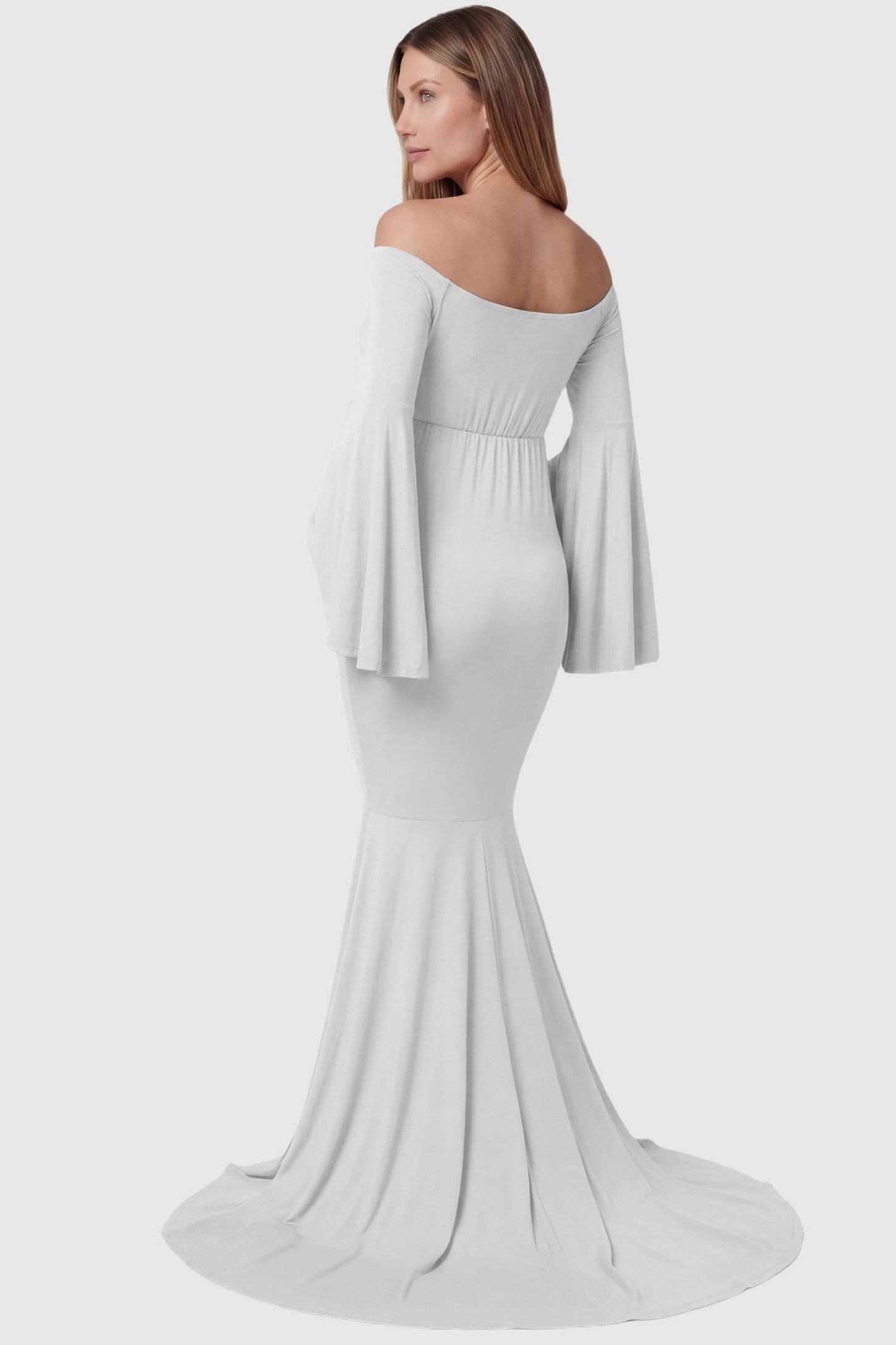 Mesh Flared Fishtail Maternity Gown Mesh Flared Fishtail Maternity Gown in White featuring flared bell sleeves on a pregnant model back view.