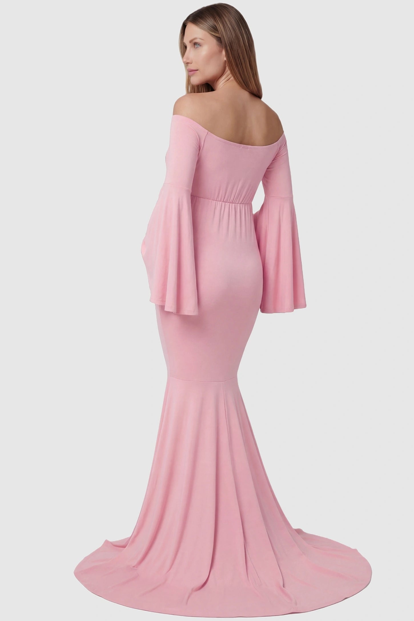 Mesh Flared Fishtail Maternity Gown Mesh Flared Fishtail Maternity Gown in Pink featuring flared bell sleeves on a pregnant model back view.