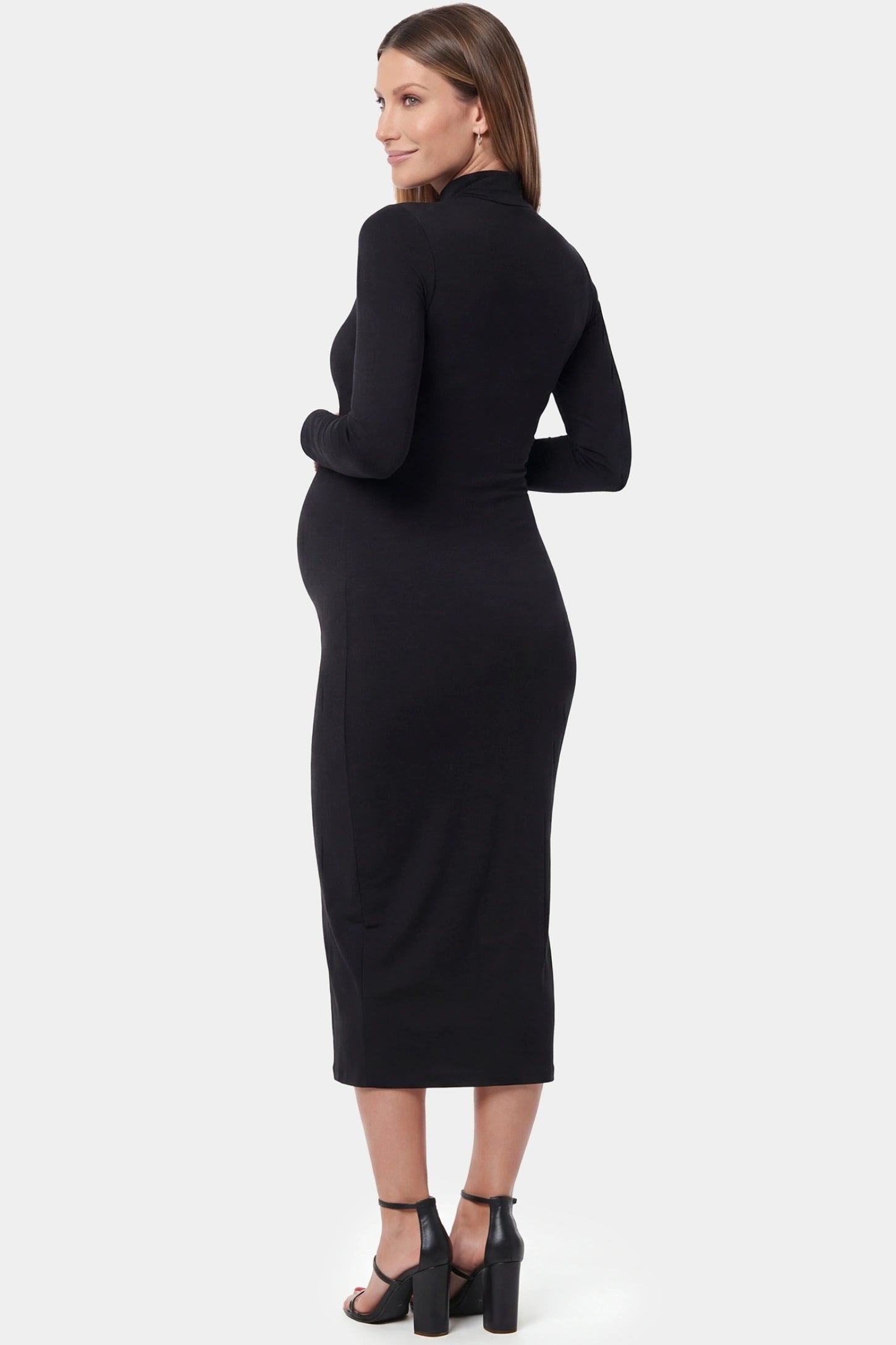 Fitted Long Sleeve Mock Neck Maxi Maternity Dress Fitted long sleeve mock neck maxi maternity dress in black with sleek back design, back view on pregnant model