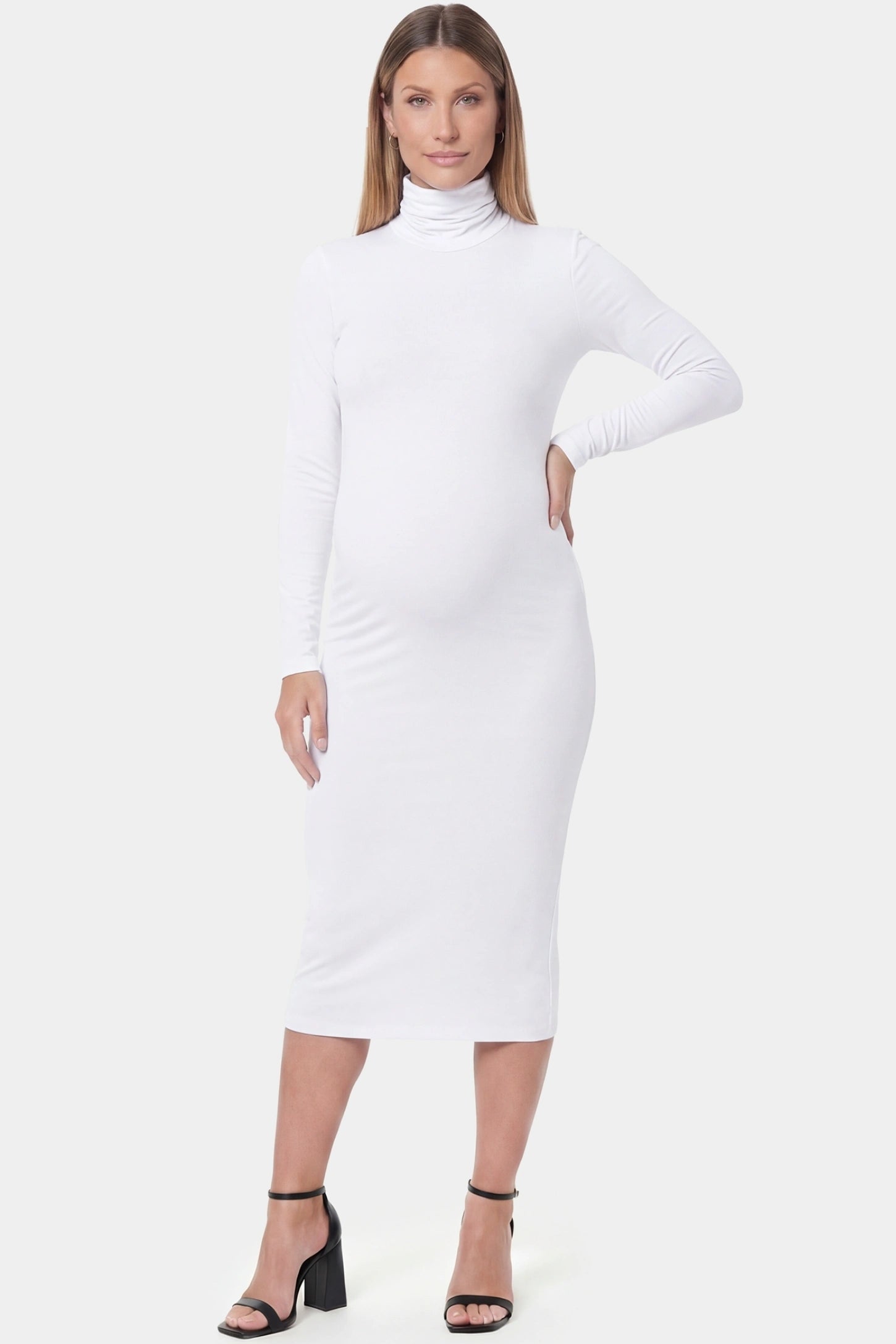 Fitted long sleeve mock neck maxi maternity dress in white with mock neckline, front view on pregnant model