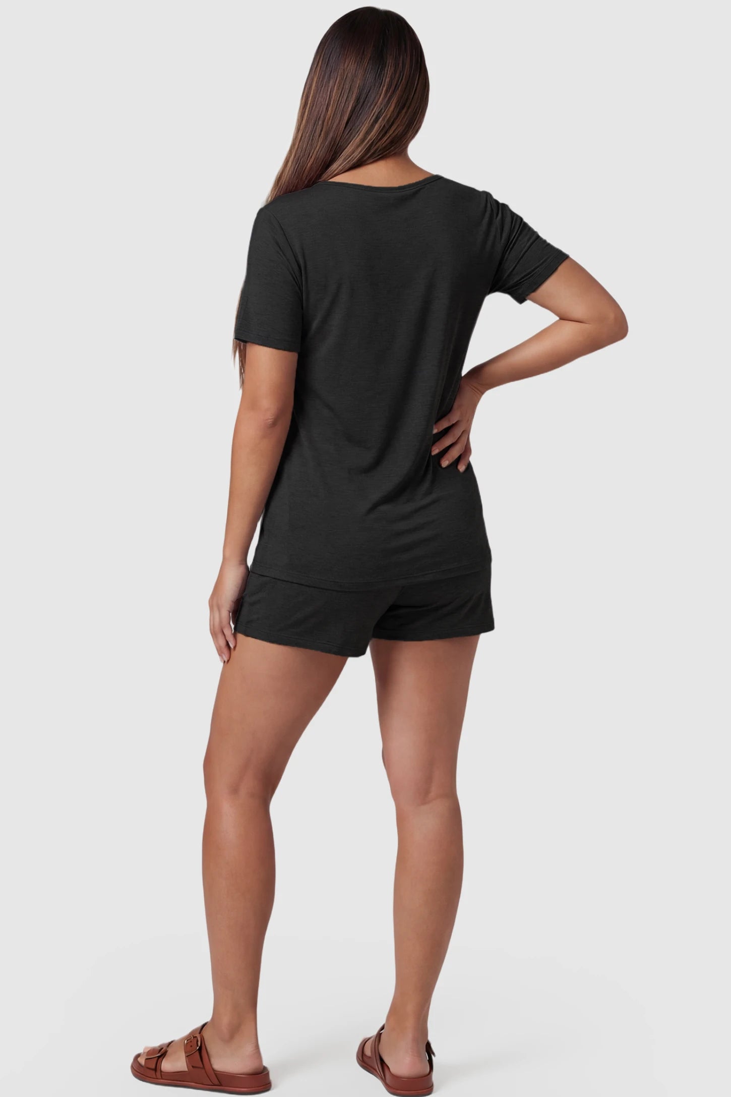 Modal Short Sleeve Maternity & Nursing Lounge Set Modal Short Sleeve Maternity Lounge Set in black featuring relaxed shorts on pregnant model.