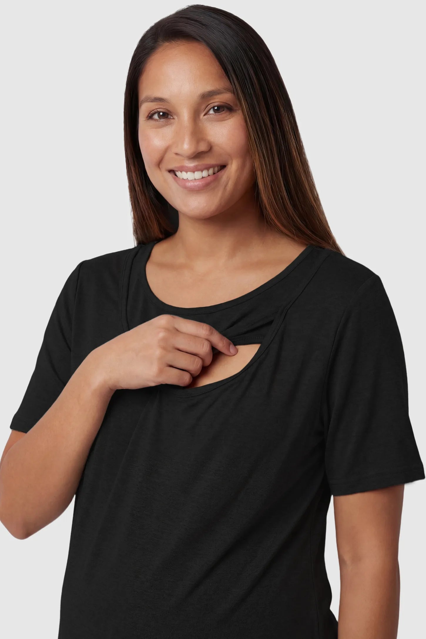 Modal Short Sleeve Maternity & Nursing Lounge Set Modal Short Sleeve Maternity Lounge Set in black featuring round-neck top, and nursing access on pregnant model.
