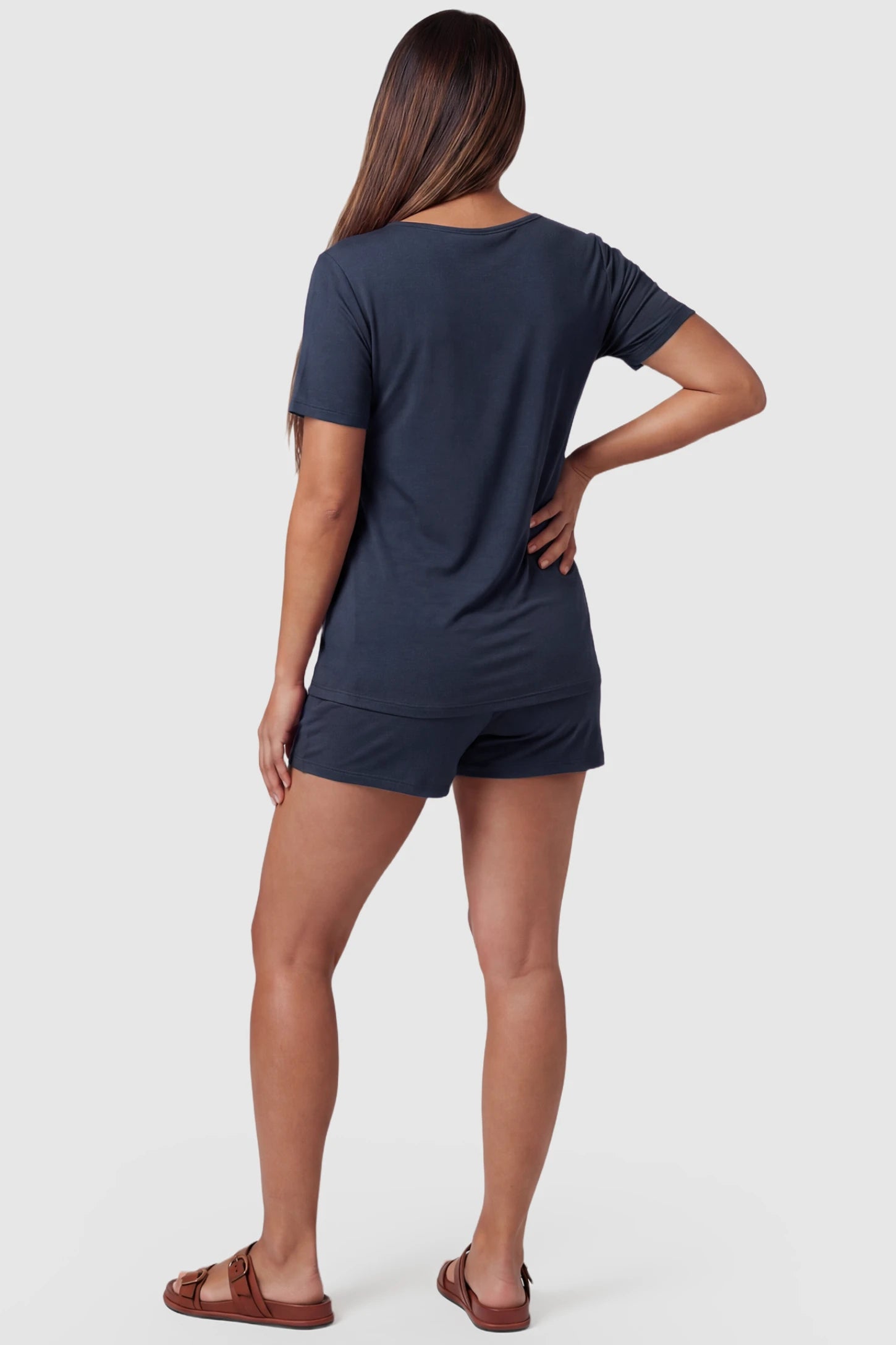 Modal Short Sleeve Maternity & Nursing Lounge Set Modal Short Sleeve Maternity Lounge Set in blue featuring relaxed shorts on pregnant model.