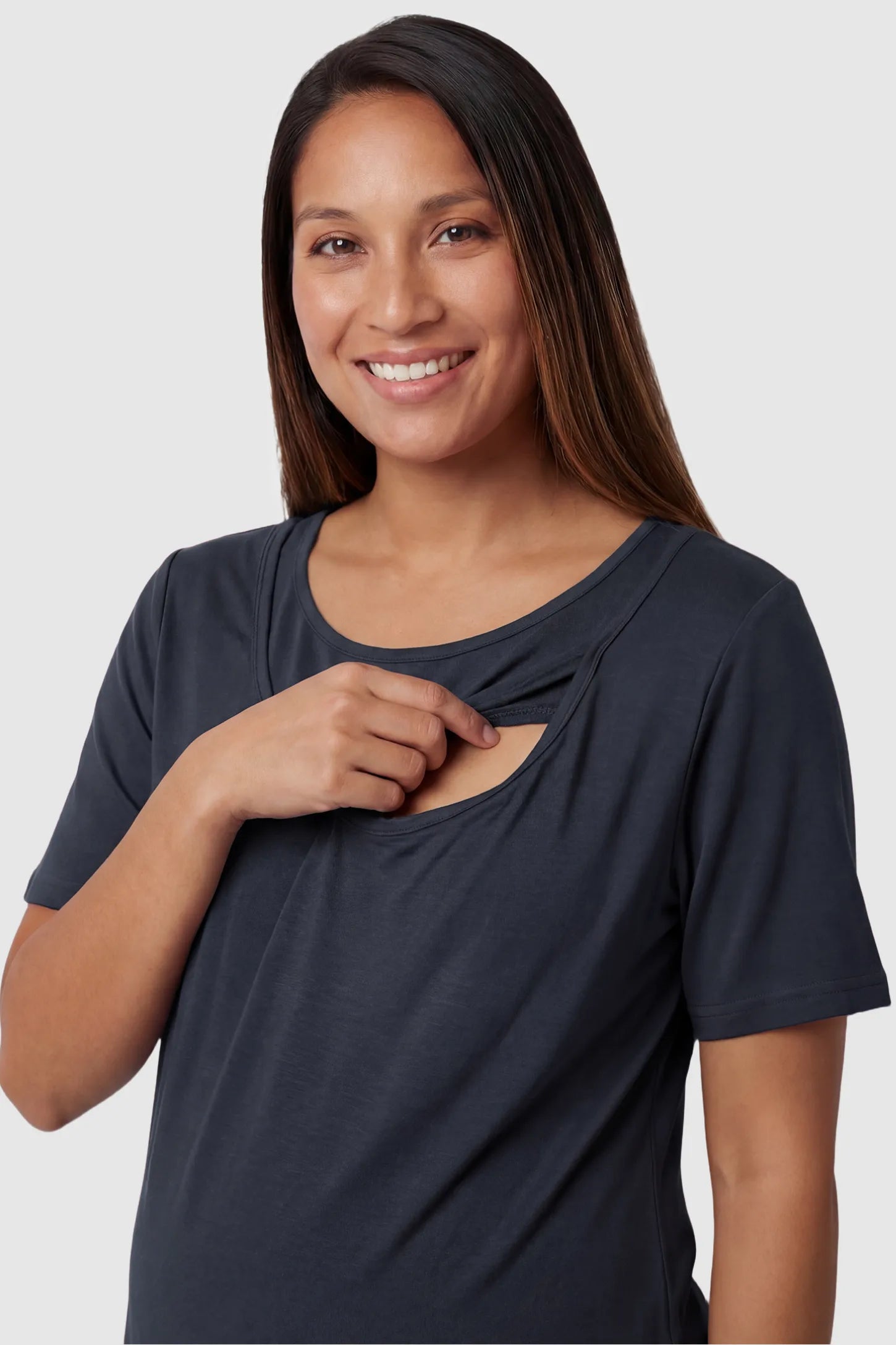 Modal Short Sleeve Maternity & Nursing Lounge Set Modal Short Sleeve Maternity Lounge Set in blue featuring round-neck top, and discreet nursing on pregnant model.