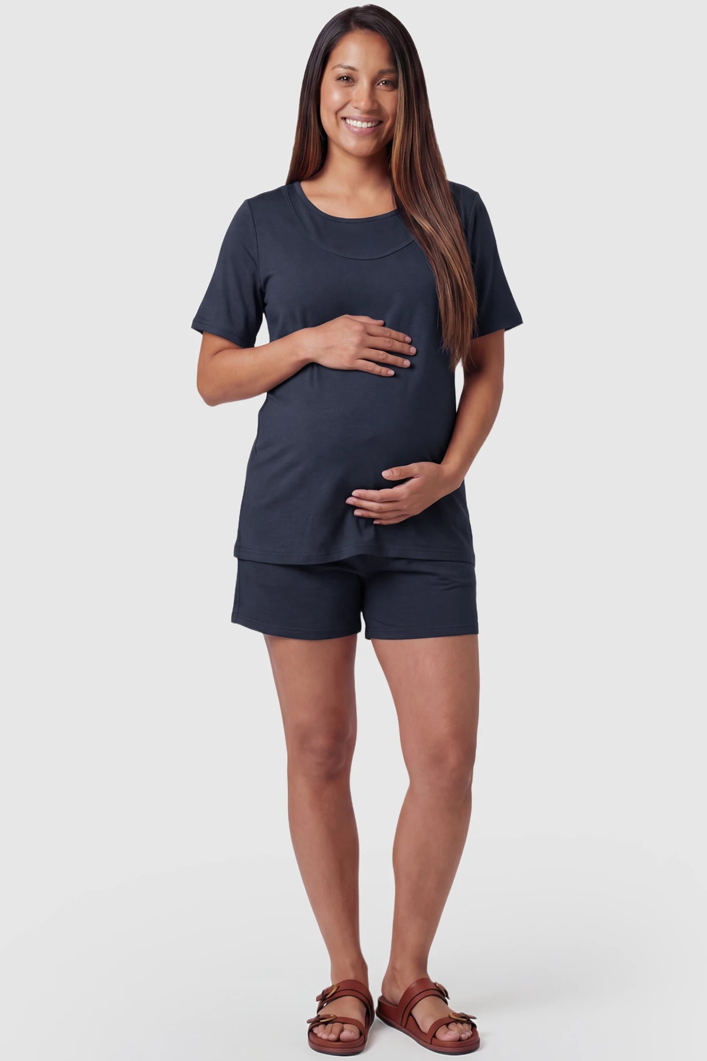 Modal Short Sleeve Maternity & Nursing Lounge Set Modal Short Sleeve Maternity Lounge Set in blue featuring round-neck top, and relaxed shorts on pregnant model.