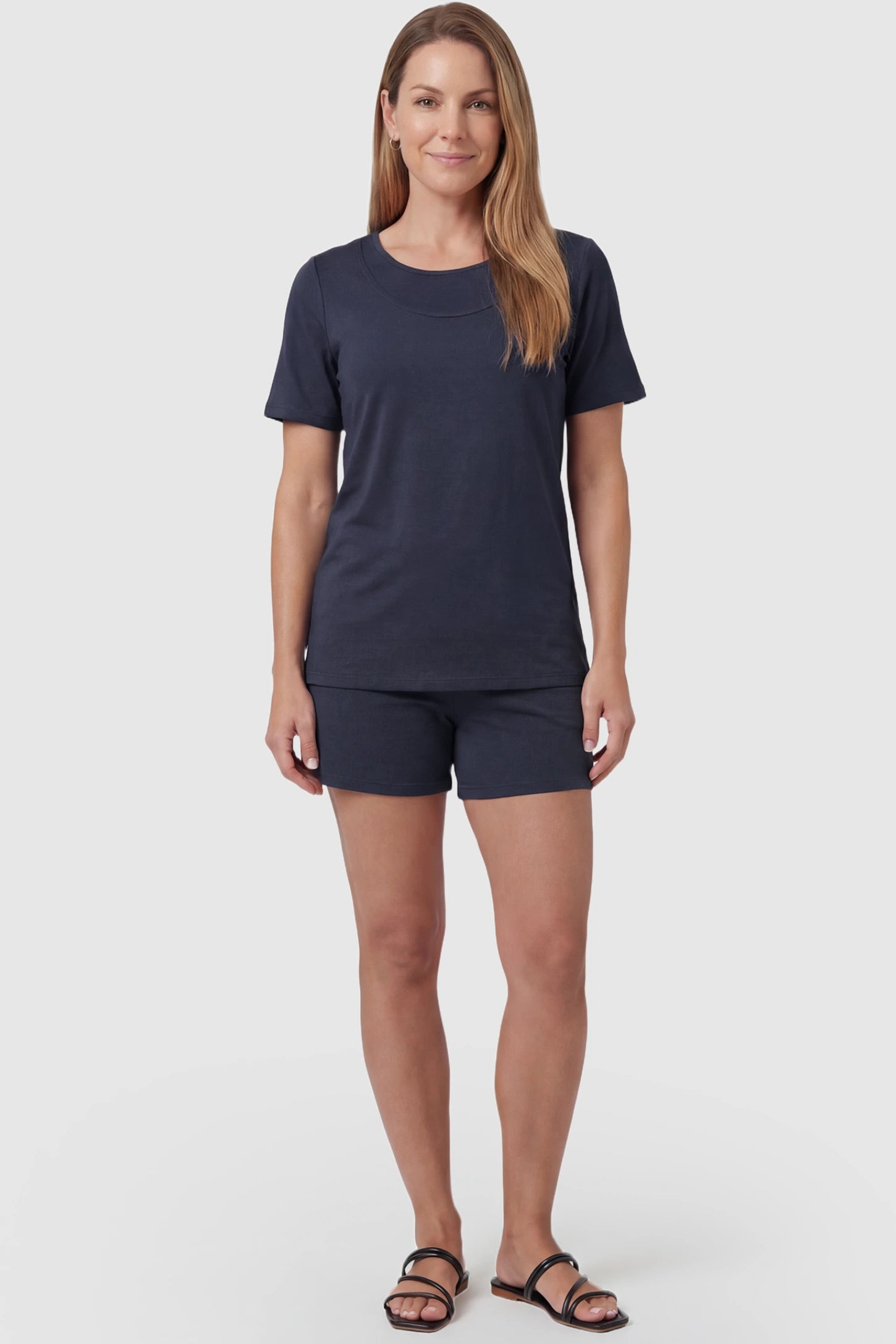 Modal Short Sleeve Maternity & Nursing Lounge Set Modal Short Sleeve Maternity Lounge Set in blue featuring round-neck top, and relaxed shorts on non pregnant model.