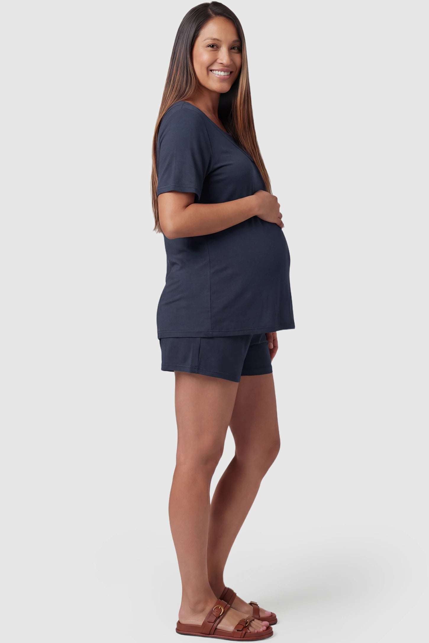 Modal Short Sleeve Maternity & Nursing Lounge Set Modal Short Sleeve Maternity Lounge Set in blue featuring round-neck top, and relaxed shorts on pregnant model.