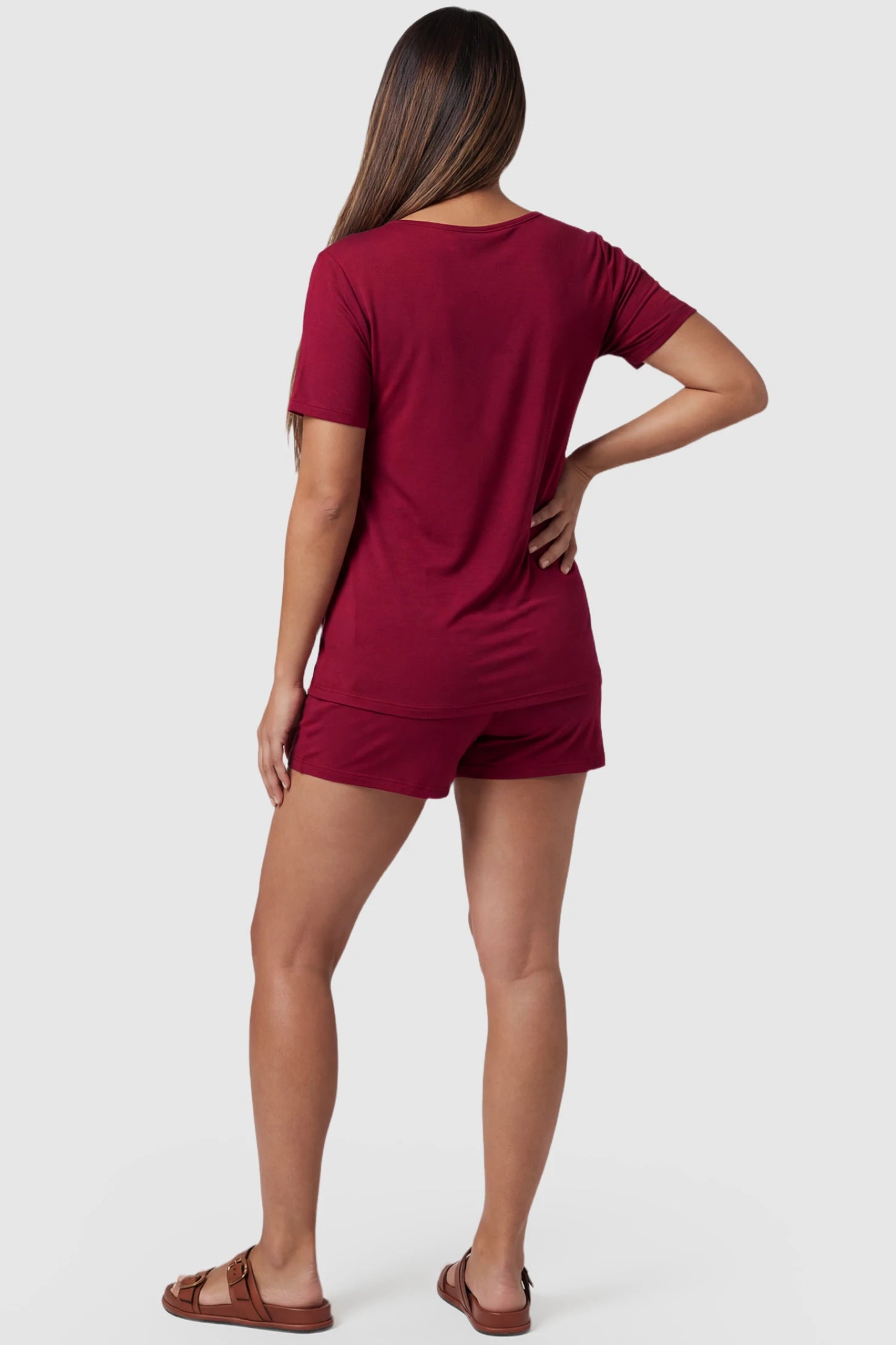 Modal Short Sleeve Maternity & Nursing Lounge Set Modal Short Sleeve Maternity Lounge Set in burgundy featuring relaxed shorts on pregnant model.