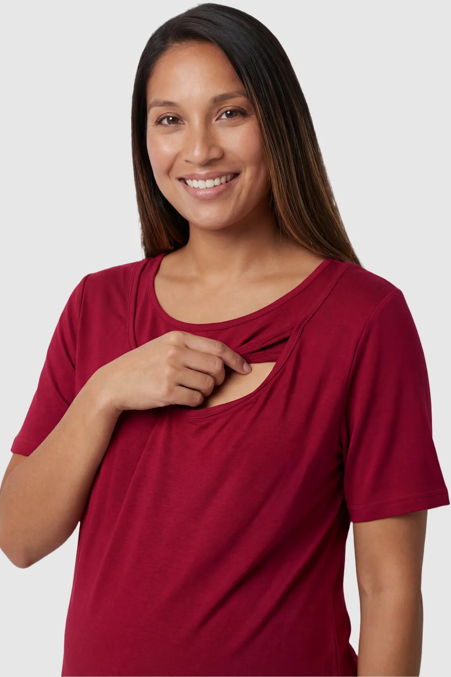 Modal Short Sleeve Maternity & Nursing Lounge Set Modal Short Sleeve Maternity Lounge Set in burgundy featuring round-neck top, and discreet nursing on pregnant model.