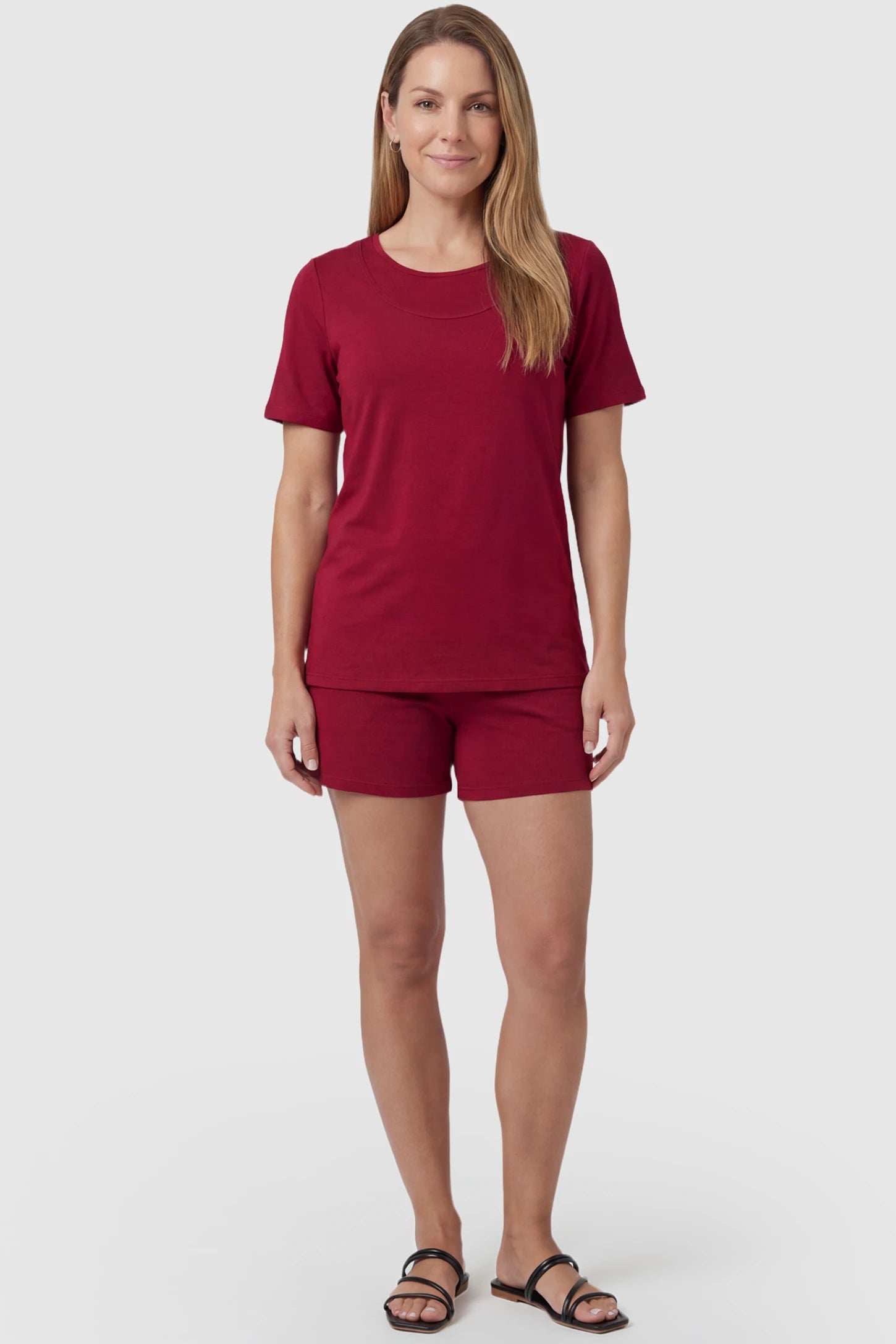 Modal Short Sleeve Maternity & Nursing Lounge Set Modal Short Sleeve Maternity Lounge Set in burgundy featuring round-neck top, and relaxed shorts on non pregnant model.
