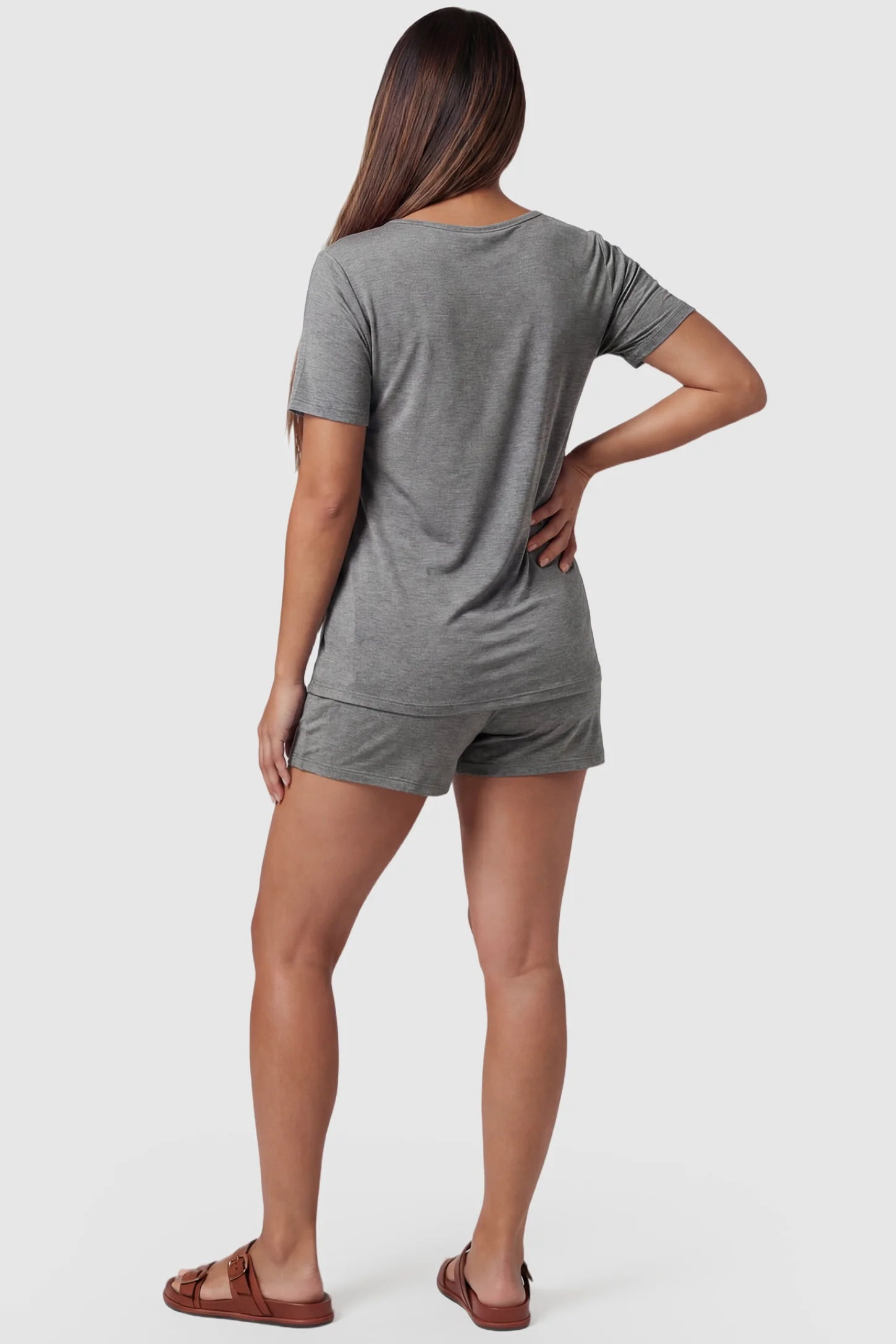 Modal Short Sleeve Maternity & Nursing Lounge Set Modal Short Sleeve Maternity Lounge Set in gray featuring relaxed shorts on pregnant model.