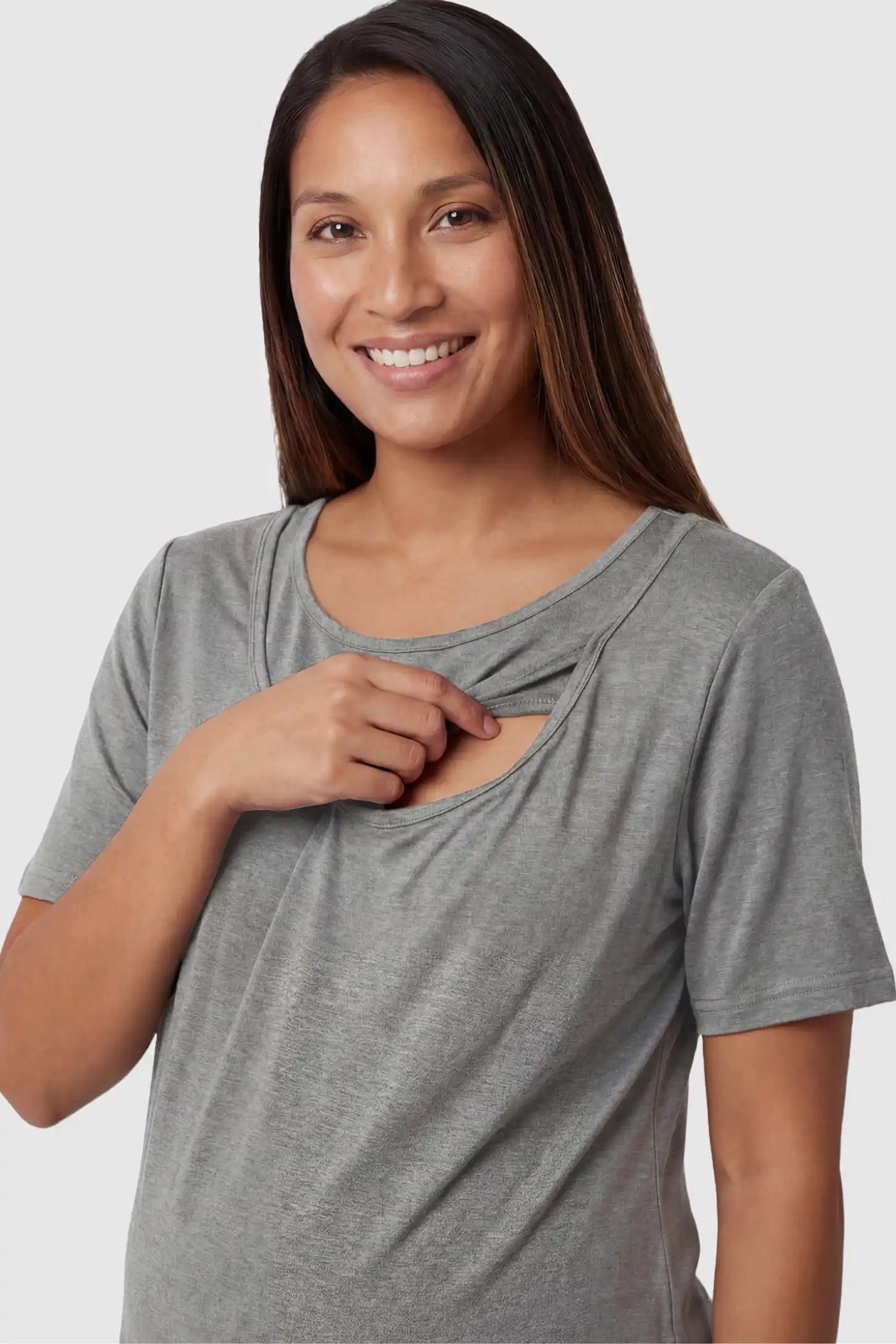 Modal Short Sleeve Maternity & Nursing Lounge Set Modal Short Sleeve Maternity Lounge Set in gray featuring round-neck top, and discreet nursing on pregnant model.