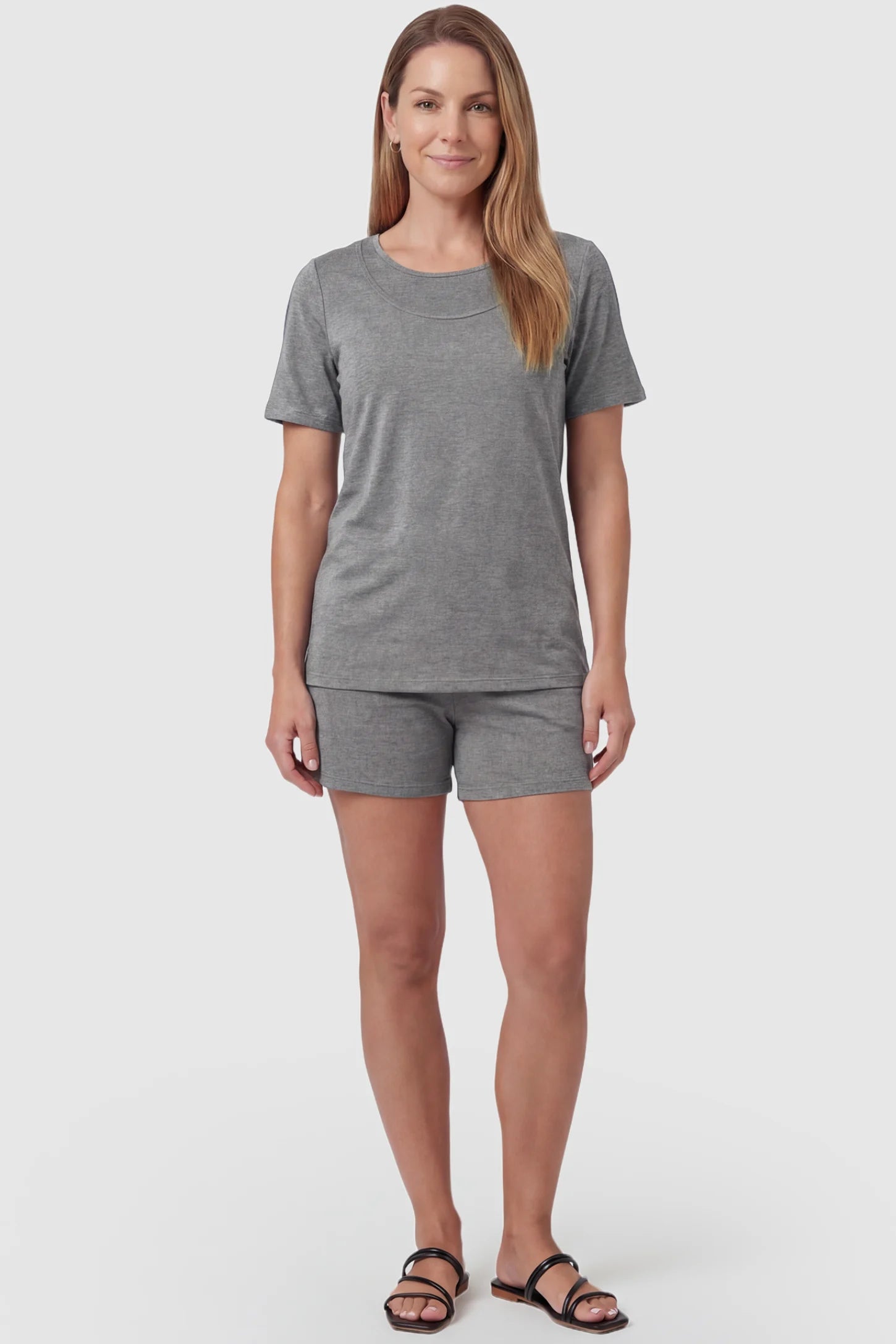 Modal Short Sleeve Maternity & Nursing Lounge Set Modal Short Sleeve Maternity Lounge Set in gray featuring round-neck top, and relaxed shorts on non pregnant model.