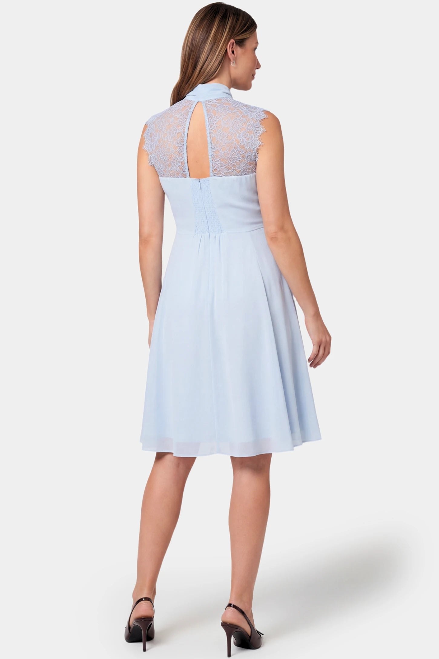 Lace Shoulder Halter Neck Maternity & Nursing Midi Dress Lace Shoulder Halter Neck Maternity & Nursing Midi Dress in light blue featuring lace  back detail and empire waist on pregnant model.