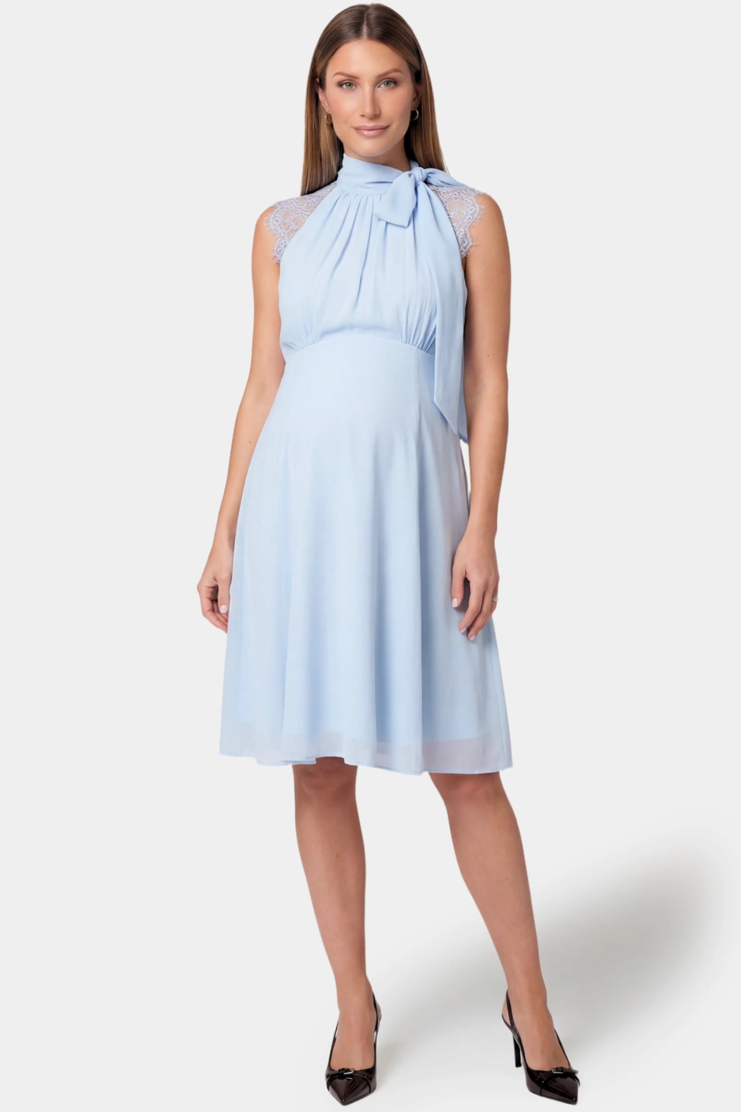 Lace Shoulder Halter Neck Maternity & Nursing Midi Dress in light blue featuring lace cap shoulders and empire waist on pregnant model.