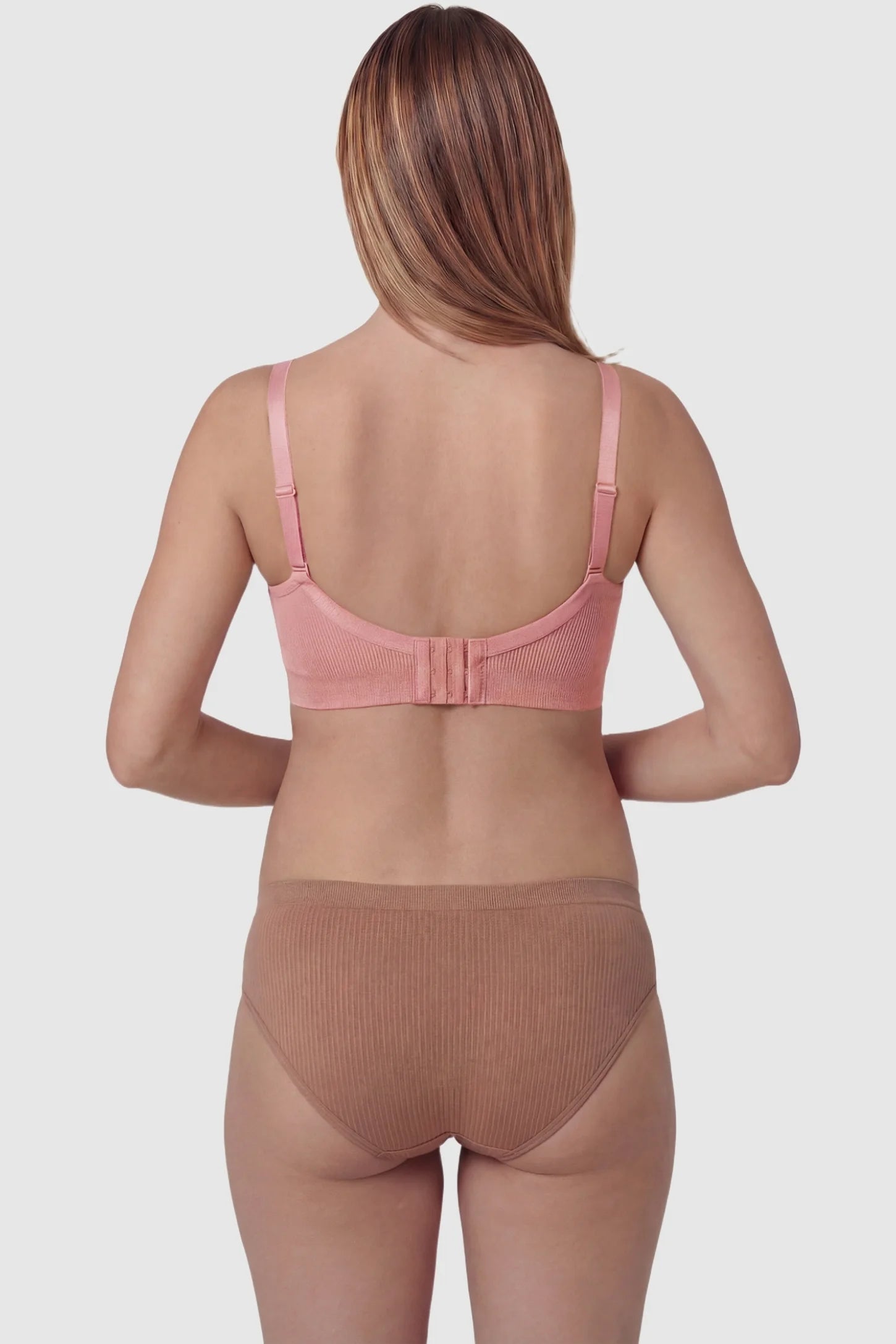 Ribbed wireless adjustable strap nursing bra in bean paste with wire-free support, back view on pregnant model