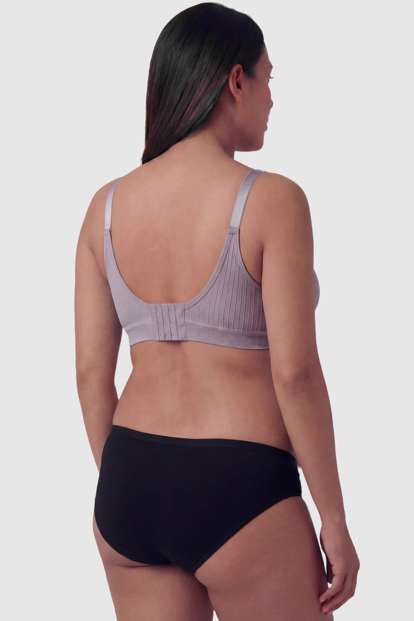 Seamless Front-Open Cross Wireless Nursing Bra Seamless front-open cross wireless nursing bra in bean paste with wire-free design, back view on pregnant model