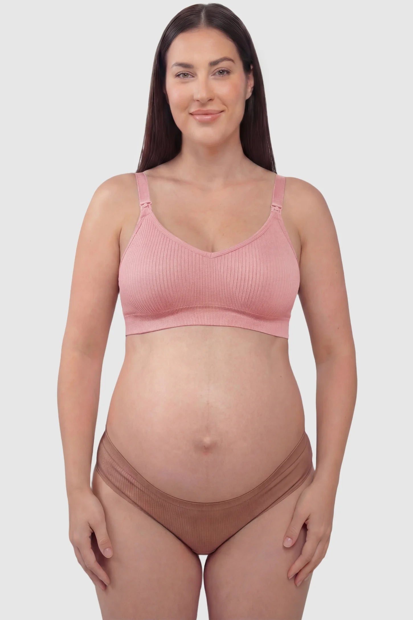 Ribbed Wireless Adjustable Shoulder Strap Nursing Bra Ribbed wireless adjustable strap nursing bra in bean paste with stretchy fabric, front view on plus-size model