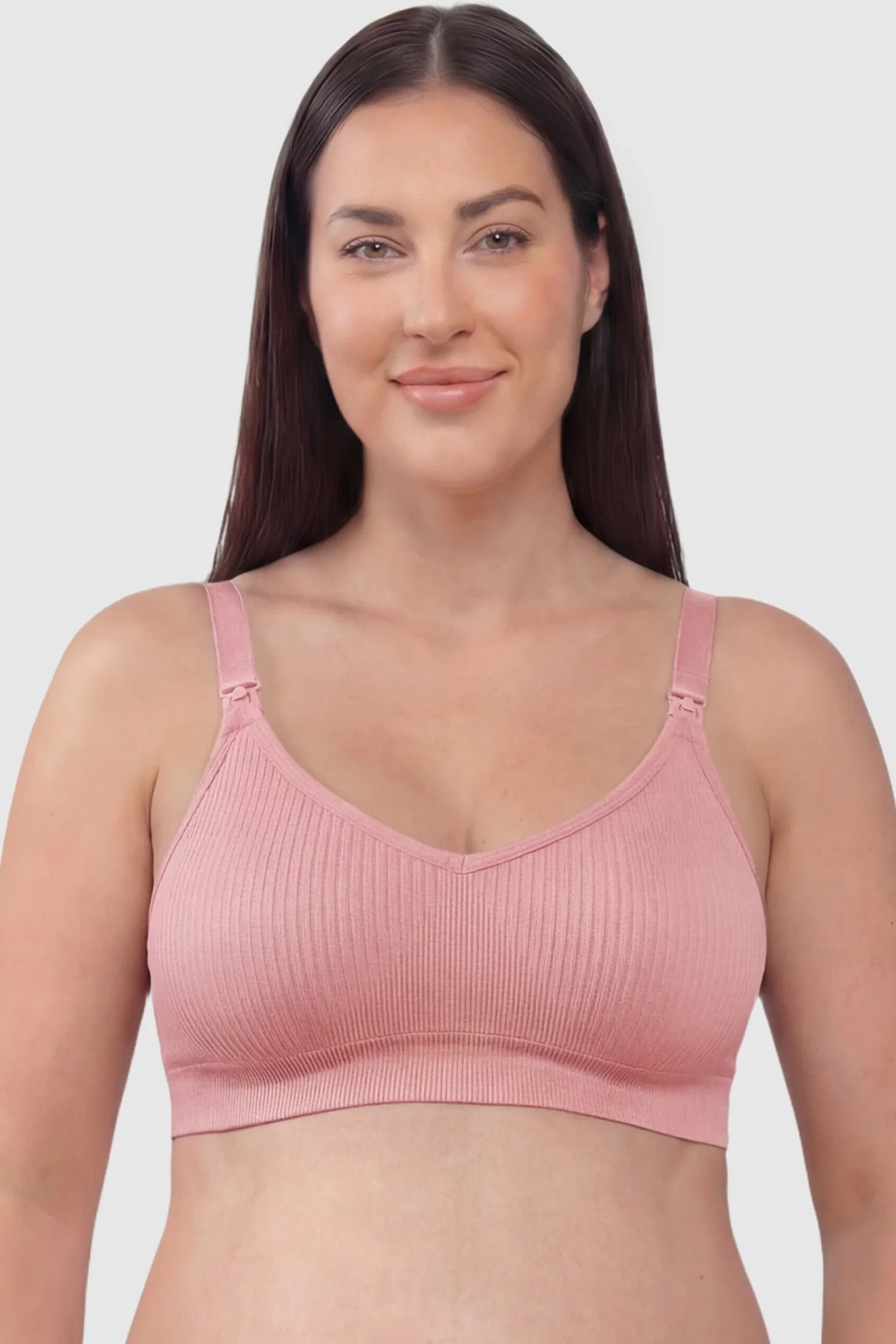 Ribbed Wireless Adjustable Shoulder Strap Nursing Bra Ribbed wireless adjustable strap nursing bra in bean paste with stretchy fabric, front view on plus-size model