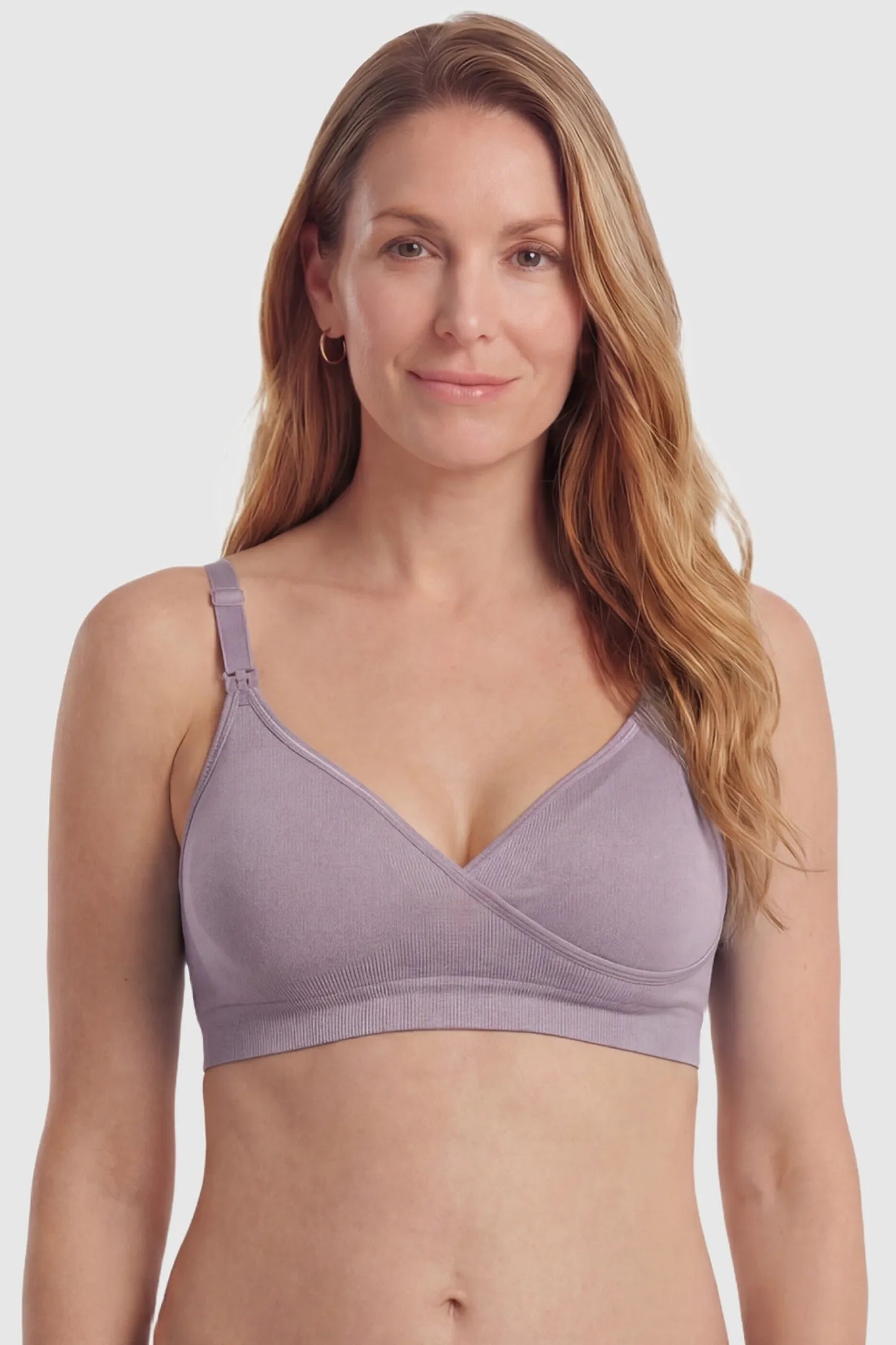 Seamless Front-Open Cross Wireless Nursing Bra Seamless front-open cross wireless nursing bra in bean paste with flexible support, full body on postpartum model