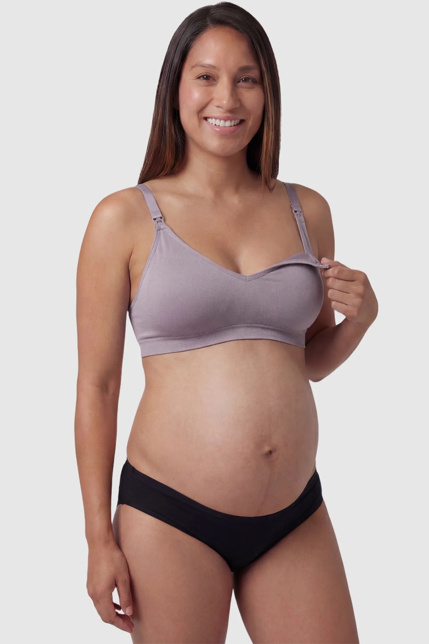 Seamless Front-Open Cross Wireless Nursing Bra Seamless front-open cross wireless nursing bra in bean paste with front nursing access, front view on pregnant model