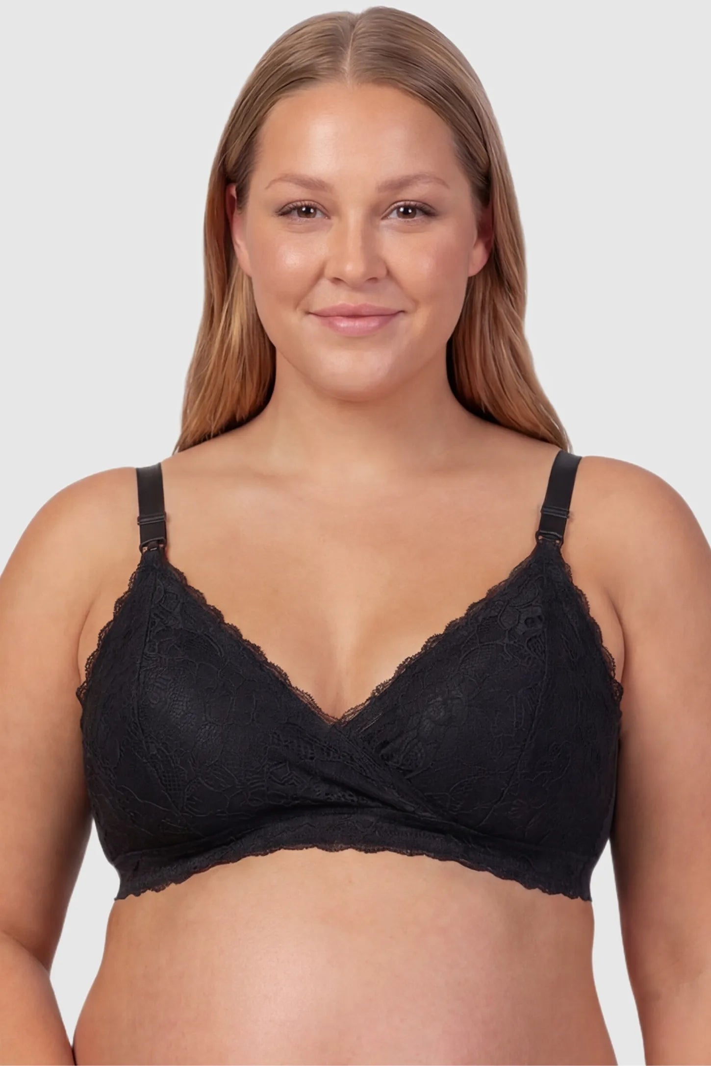 Embroidered Lace Wire-free Front-Open Nursing Bra Embroidered lace wire-free front-open nursing bra in black with breathable lace, front view on plus-size model